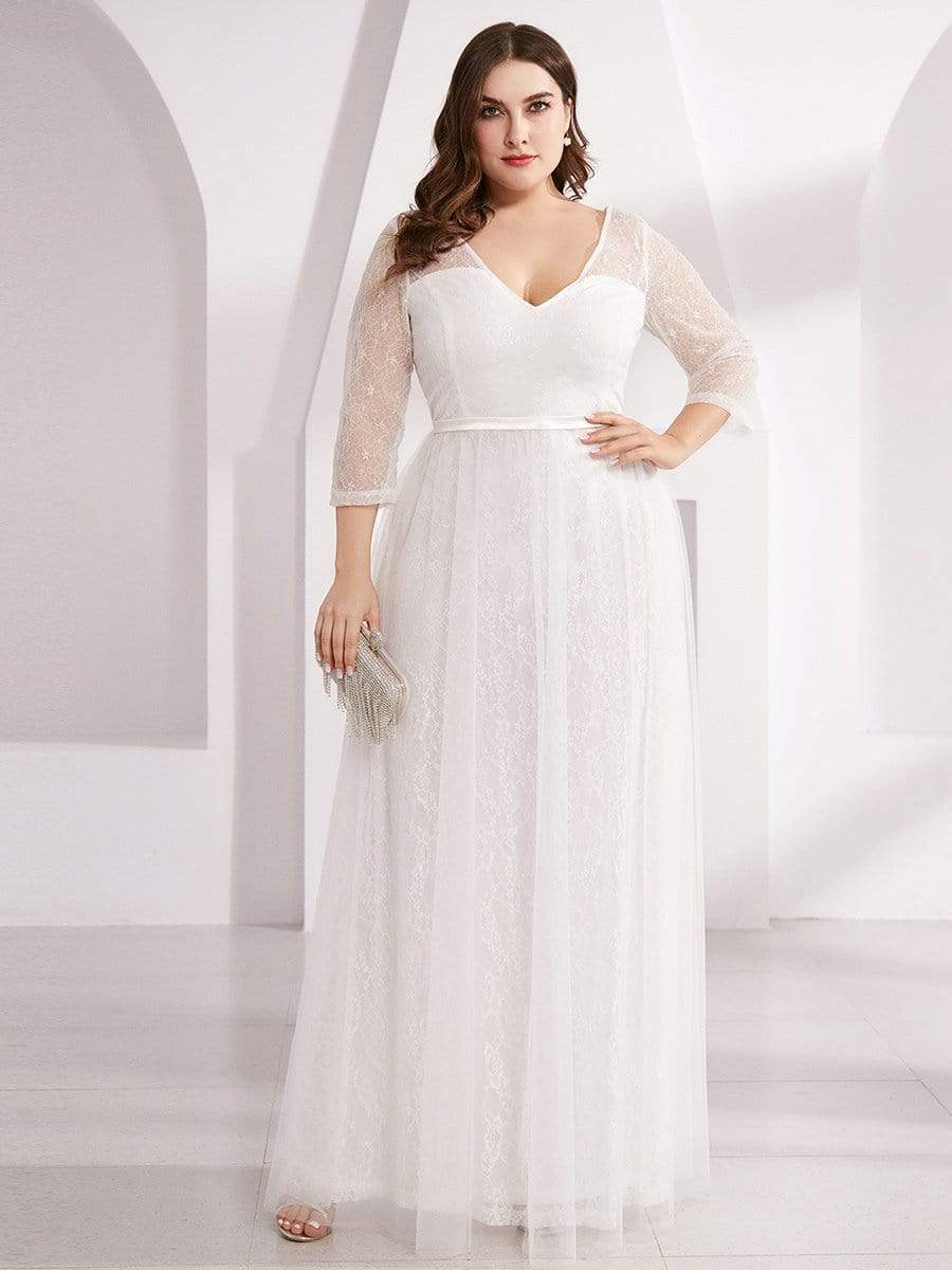 COLOR=White | Women'S V-Neck 3/4 Sleeve Lace Wedding Dress-White 9 COLOR=White | Women'S V-Neck 3/4 Sleeve Lace Wedding Dress-White 9