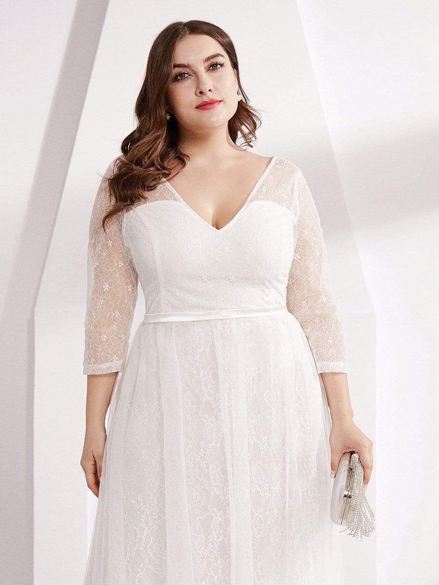 COLOR=White | Women'S V-Neck 3/4 Sleeve Plus Size Lace Wedding Dress-White 5 COLOR=White | Women'S V-Neck 3/4 Sleeve Plus Size Lace Wedding Dress-White 5