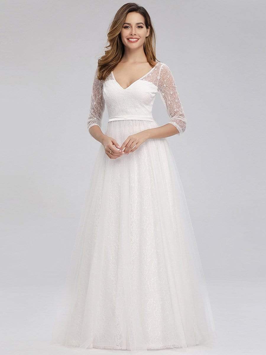 COLOR=White | Women'S V-Neck 3/4 Sleeve Lace Wedding Dress-White 7 COLOR=White | Women'S V-Neck 3/4 Sleeve Lace Wedding Dress-White 7