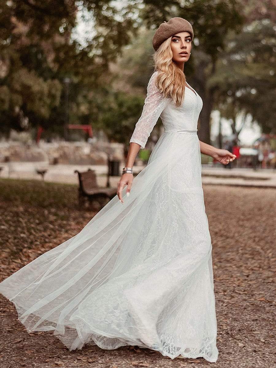 COLOR=White | Women'S V-Neck 3/4 Sleeve Lace Wedding Dress-White 1 COLOR=White | Women'S V-Neck 3/4 Sleeve Lace Wedding Dress-White 1