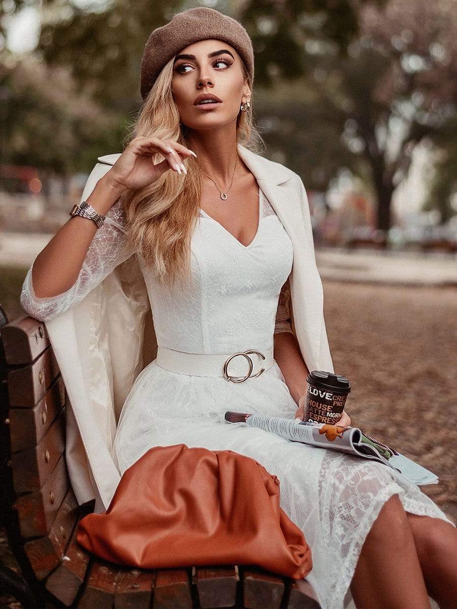 COLOR=White | Women'S V-Neck 3/4 Sleeve Lace Wedding Dress-White 6 COLOR=White | Women'S V-Neck 3/4 Sleeve Lace Wedding Dress-White 6