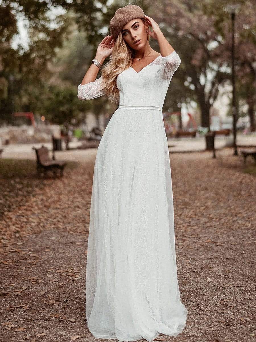COLOR=White | Women'S V-Neck 3/4 Sleeve Lace Wedding Dress-White 2 COLOR=White | Women'S V-Neck 3/4 Sleeve Lace Wedding Dress-White 2