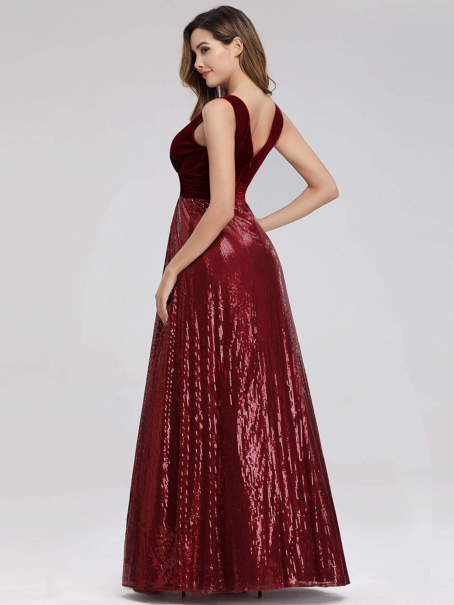 Color=Burgundy | Women'S V-Neck Sequins Patchwork Evening Party Maxi Dress-Burgundy 4 Color=Burgundy | Women'S V-Neck Sequins Patchwork Evening Party Maxi Dress-Burgundy 4