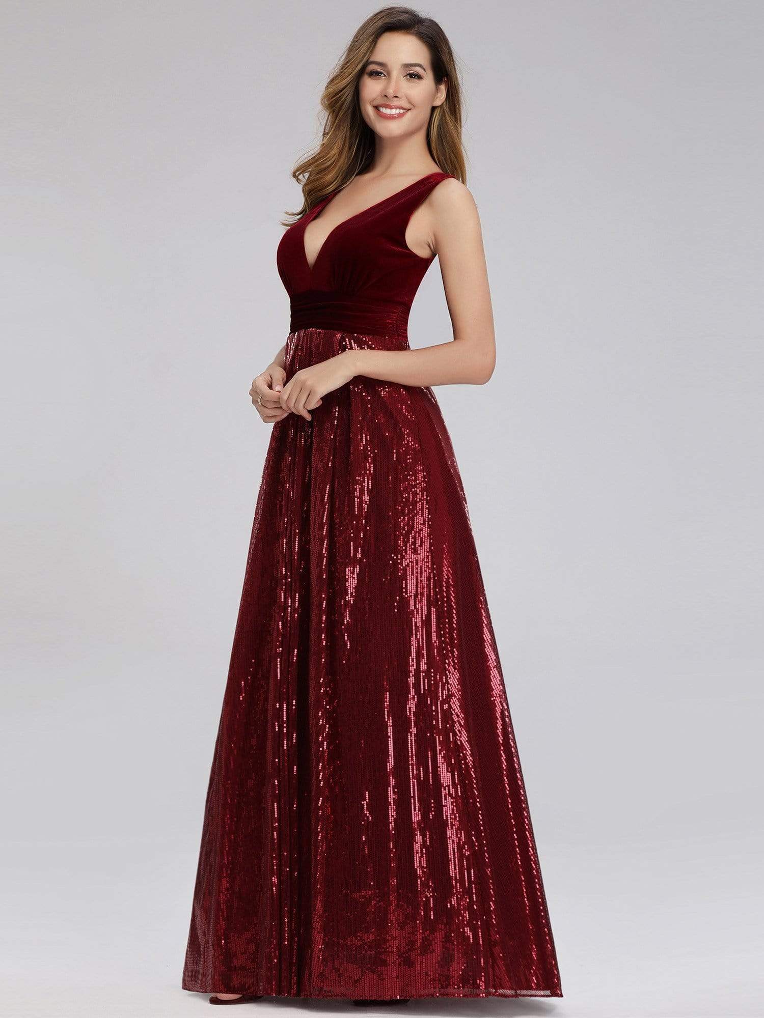 Color=Burgundy | Women'S V-Neck Sequins Patchwork Evening Party Maxi Dress-Burgundy 3 Color=Burgundy | Women'S V-Neck Sequins Patchwork Evening Party Maxi Dress-Burgundy 3