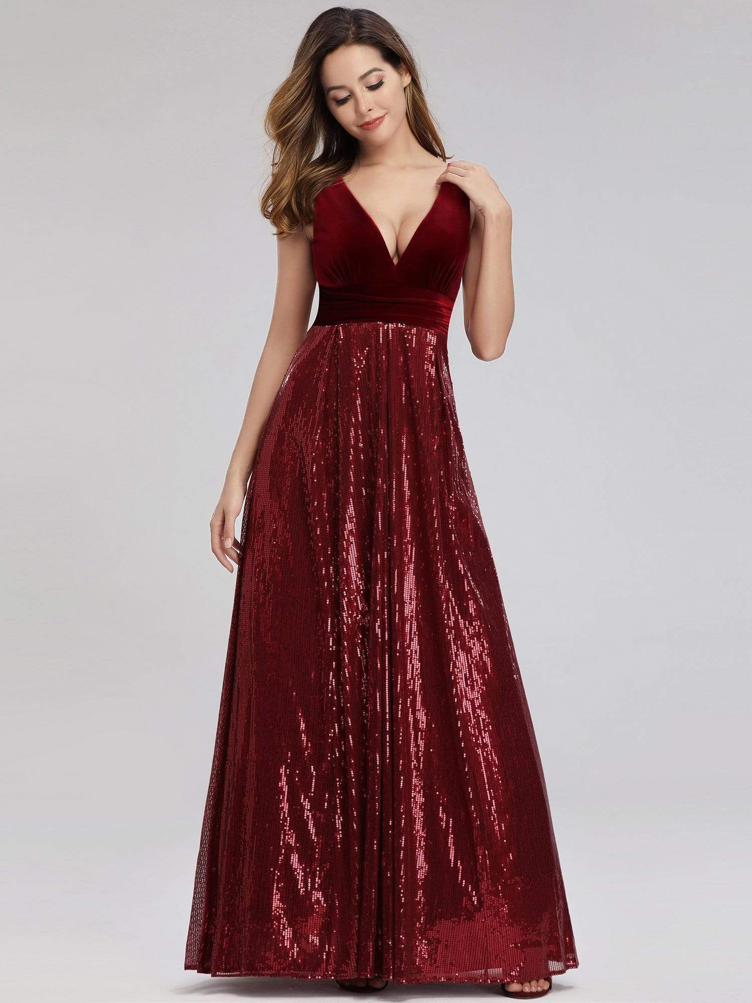Color=Burgundy | Women'S V-Neck Sequins Patchwork Evening Party Maxi Dress-Burgundy 2 Color=Burgundy | Women'S V-Neck Sequins Patchwork Evening Party Maxi Dress-Burgundy 2