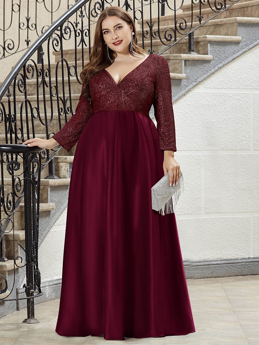 Color=Burgundy | Elegant V-Neck Sequin Plus Size Evening Dress-Burgundy 4 Color=Burgundy | Elegant V-Neck Sequin Plus Size Evening Dress-Burgundy 4