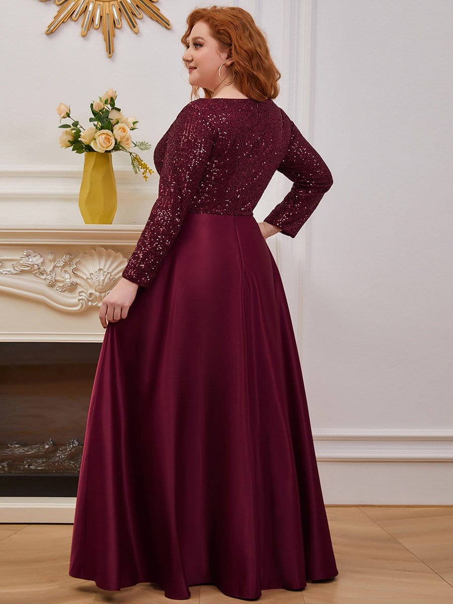 Color=Burgundy | Elegant V-Neck Sequin Plus Size Evening Dress-Burgundy 2 Color=Burgundy | Elegant V-Neck Sequin Plus Size Evening Dress-Burgundy 2