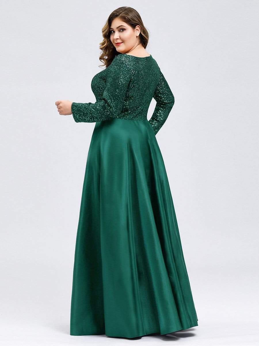 Color=Dark Green | Elegant V-Neck Sequin Plus Size Evening Dress-Dark Green 2 Color=Dark Green | Elegant V-Neck Sequin Plus Size Evening Dress-Dark Green 2