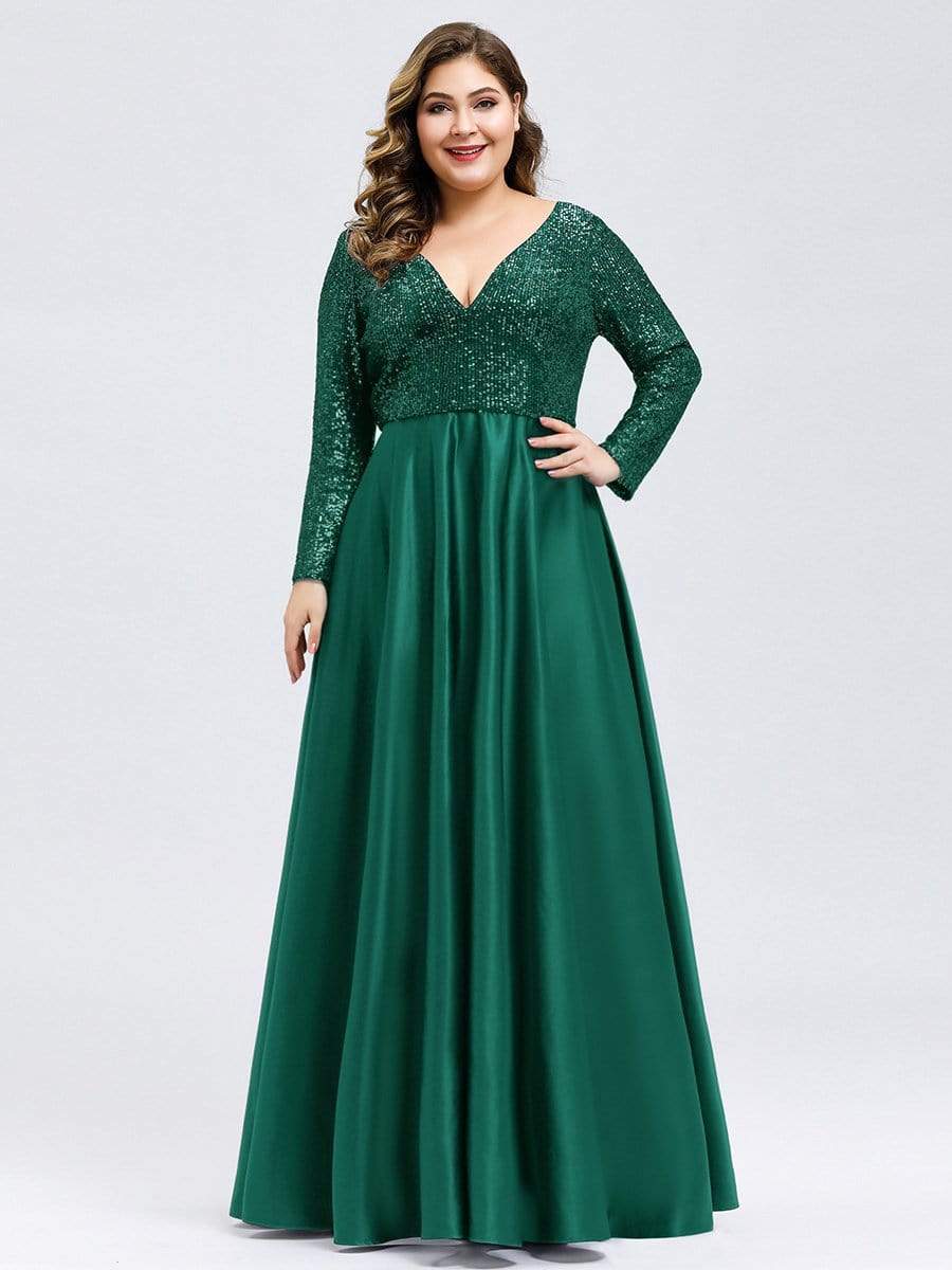 Color=Dark Green | Elegant V-Neck Sequin Plus Size Evening Dress-Dark Green 4 Color=Dark Green | Elegant V-Neck Sequin Plus Size Evening Dress-Dark Green 4