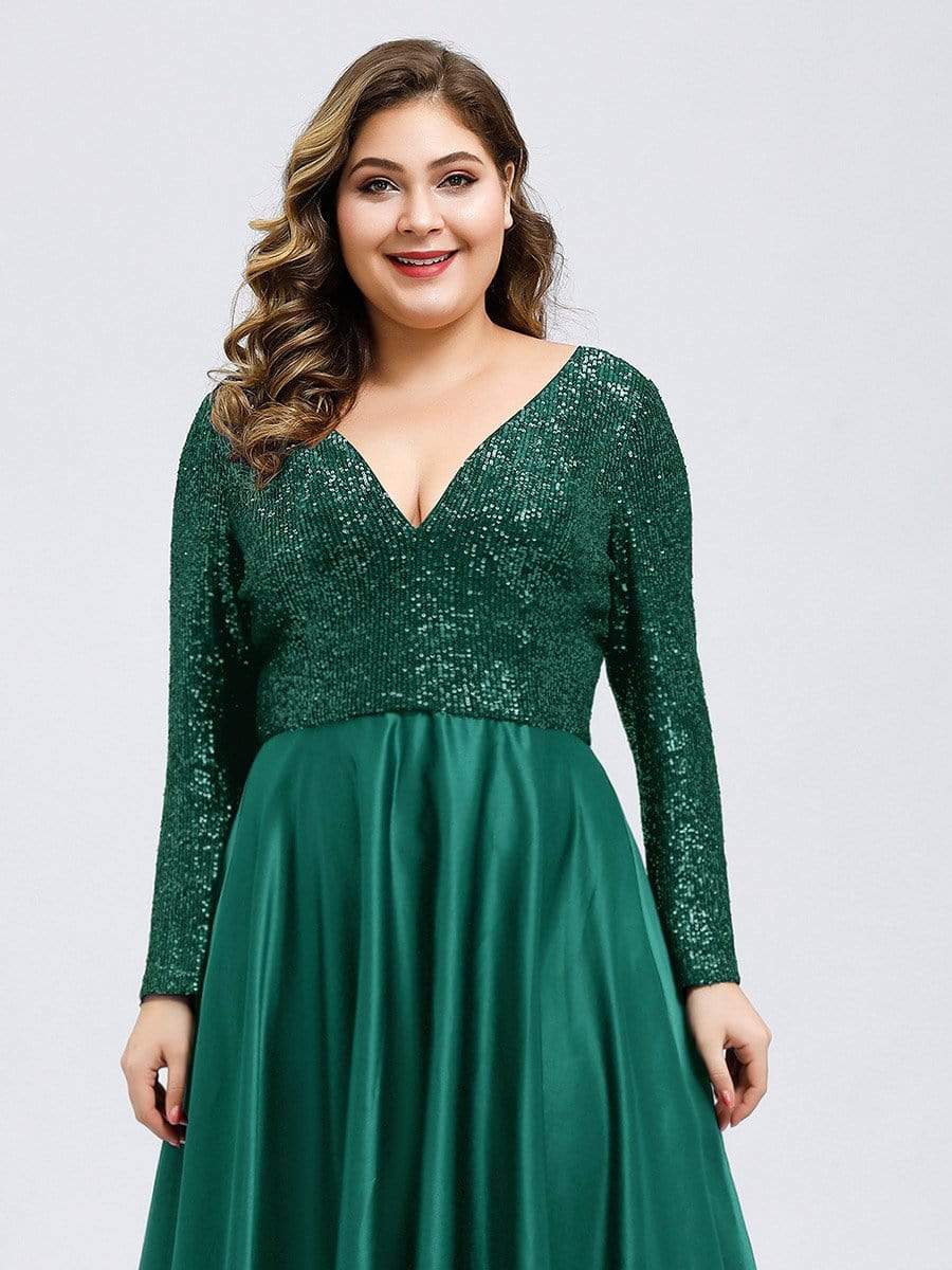 Color=Dark Green | Elegant V-Neck Sequin Plus Size Evening Dress-Dark Green 5 Color=Dark Green | Elegant V-Neck Sequin Plus Size Evening Dress-Dark Green 5