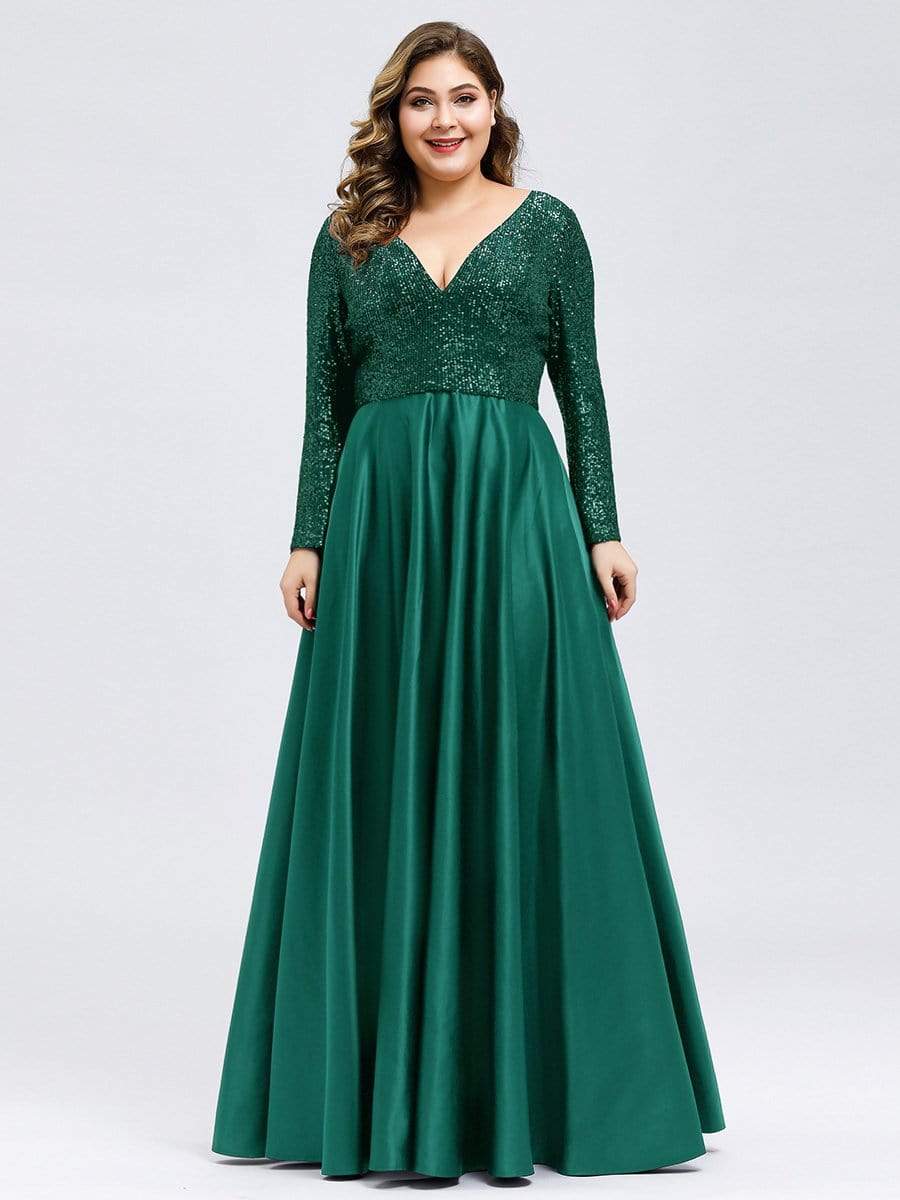 Color=Dark Green | Elegant V-Neck Sequin Plus Size Evening Dress-Dark Green 1 Color=Dark Green | Elegant V-Neck Sequin Plus Size Evening Dress-Dark Green 1