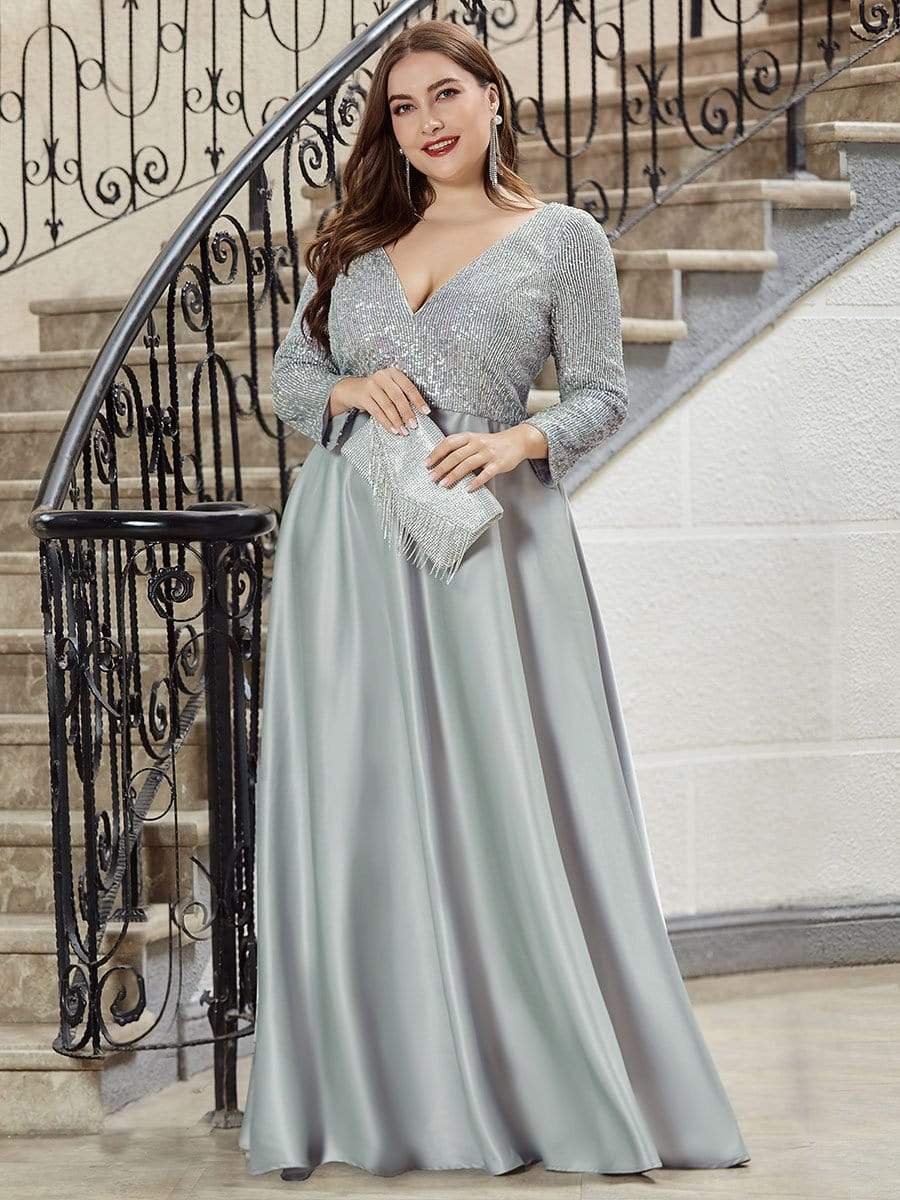 Color=Grey | Elegant V-Neck Sequin Plus Size Evening Dress-Grey 3 Color=Grey | Elegant V-Neck Sequin Plus Size Evening Dress-Grey 3