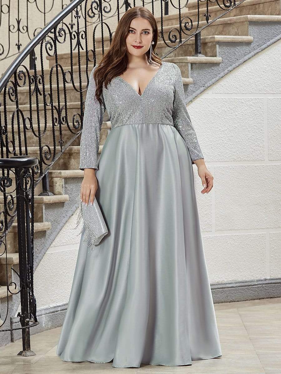 Color=Grey | Elegant V-Neck Sequin Plus Size Evening Dress-Grey 1 Color=Grey | Elegant V-Neck Sequin Plus Size Evening Dress-Grey 1