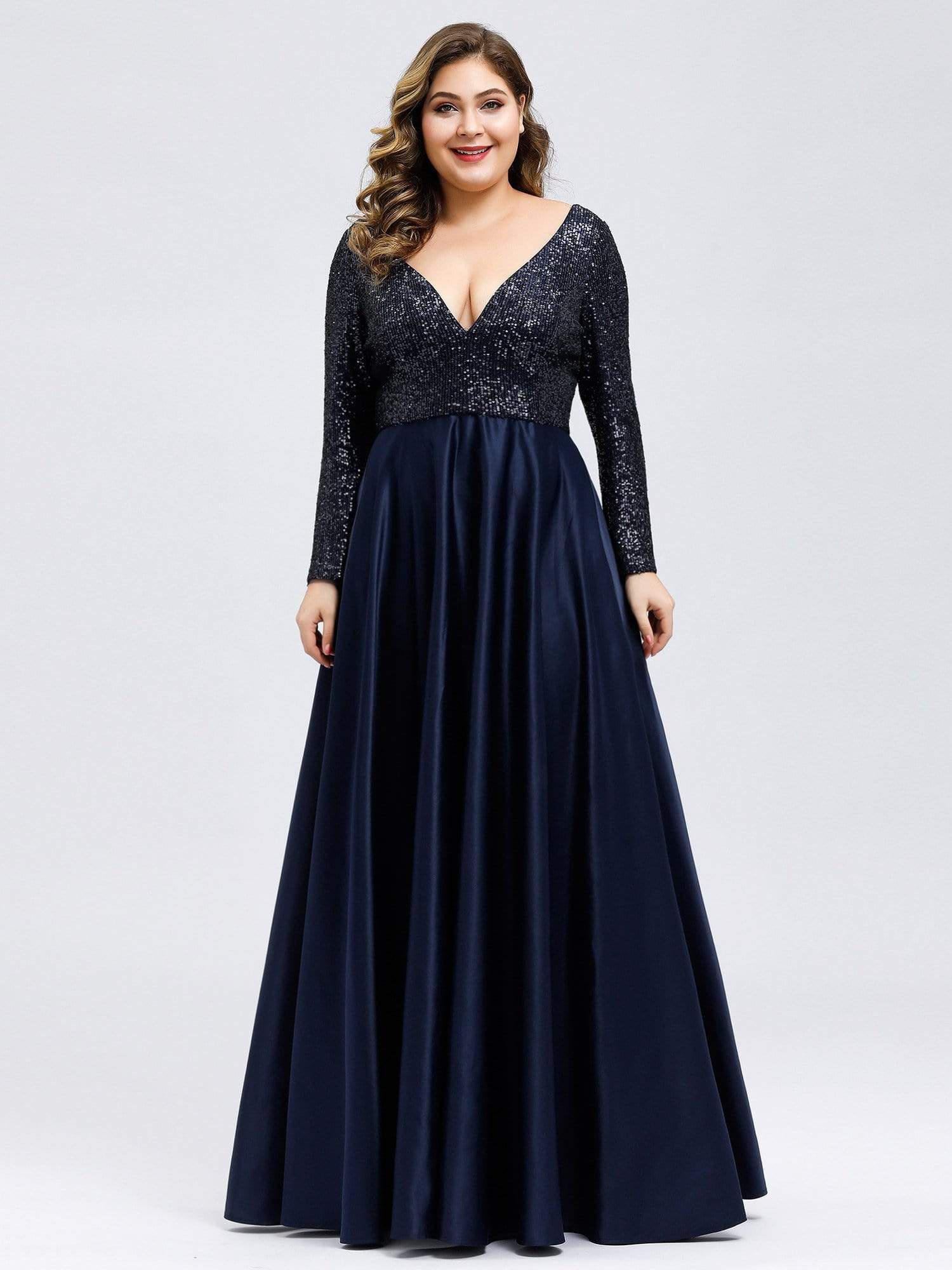 Color=Navy Blue | Elegant V-Neck Sequin Plus Size Evening Dress-Navy Blue 1 Color=Navy Blue | Elegant V-Neck Sequin Plus Size Evening Dress-Navy Blue 1