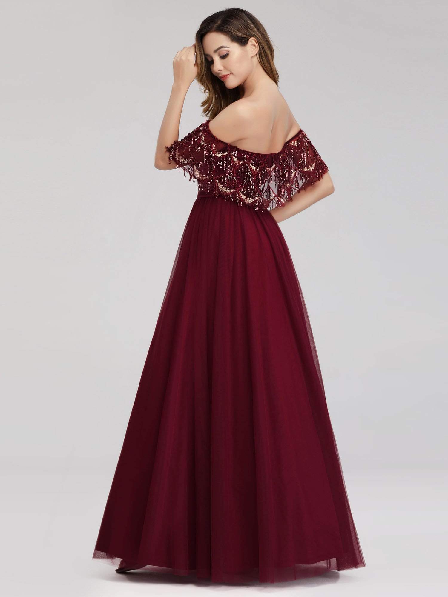Color=Burgundy | Women'S Off The Shoulder Sequin Ruffles Floor-Length Evening Dress-Burgundy 5 Color=Burgundy | Women'S Off The Shoulder Sequin Ruffles Floor-Length Evening Dress-Burgundy 5