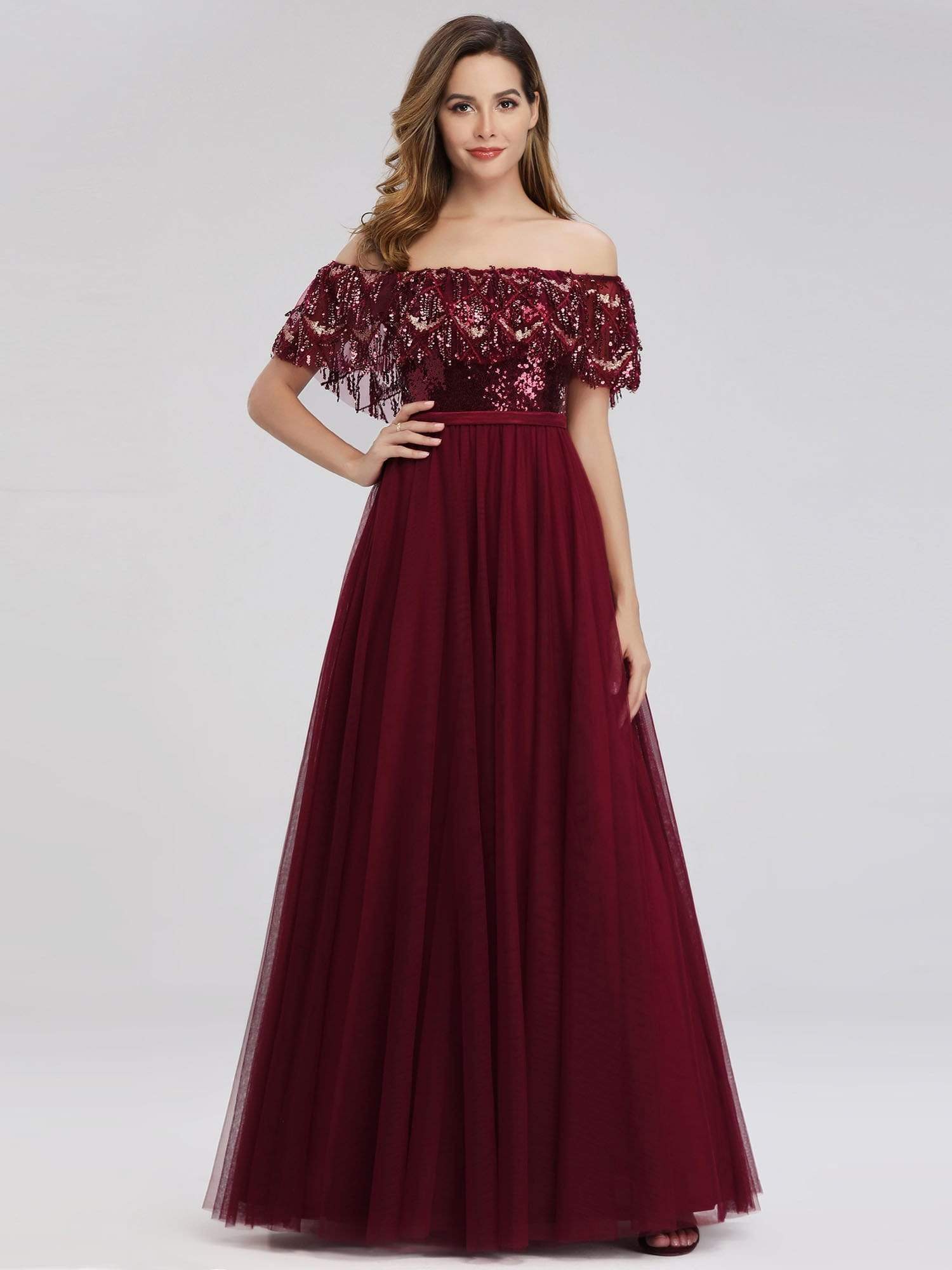 Color=Burgundy | Women'S Off The Shoulder Sequin Ruffles Floor-Length Evening Dress-Burgundy 4 Color=Burgundy | Women'S Off The Shoulder Sequin Ruffles Floor-Length Evening Dress-Burgundy 4