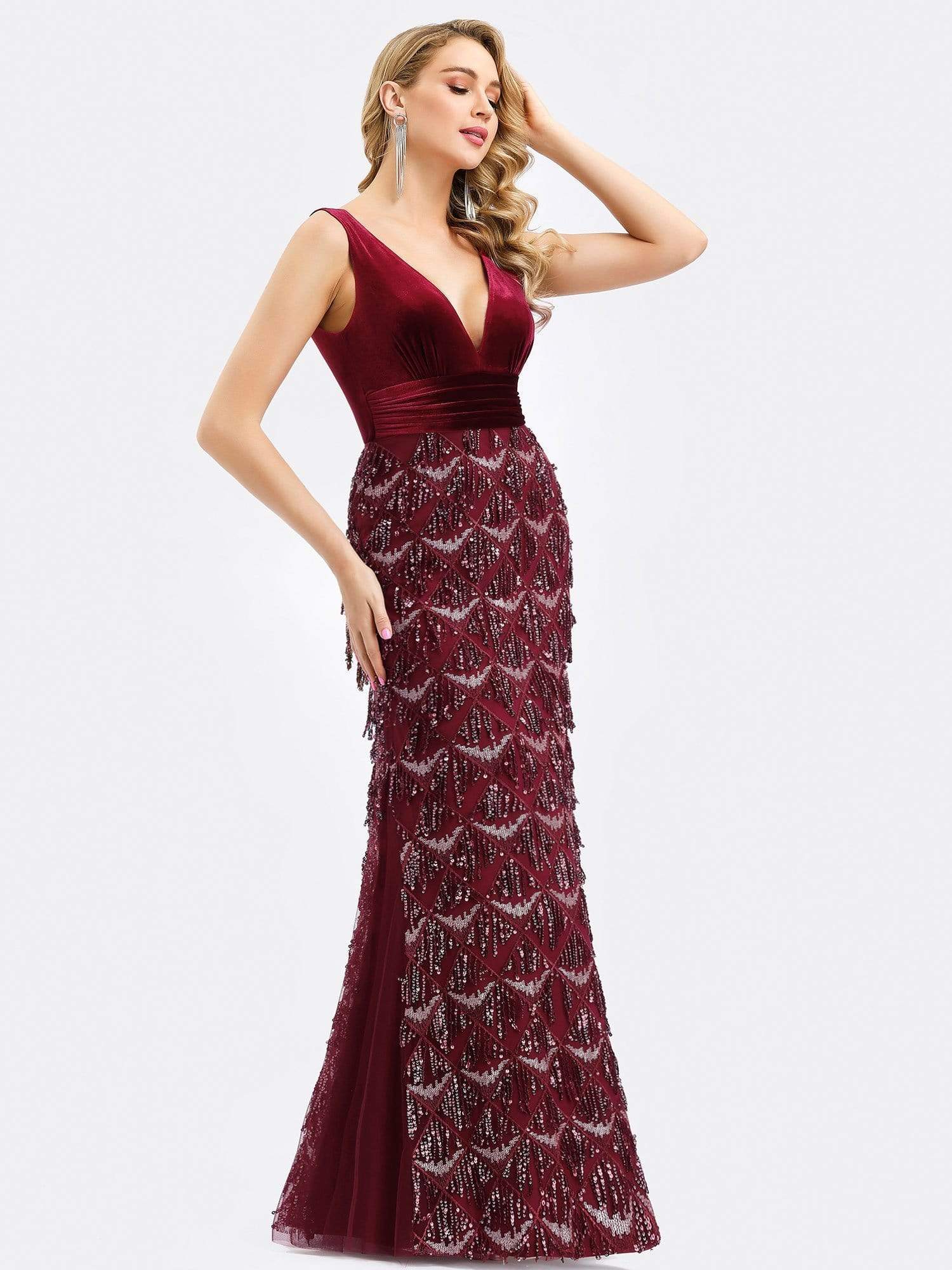 Color=Burgundy | Double V Neck Fringed Beaded Fishtail Evening Dress-Burgundy 7 Color=Burgundy | Double V Neck Fringed Beaded Fishtail Evening Dress-Burgundy 7
