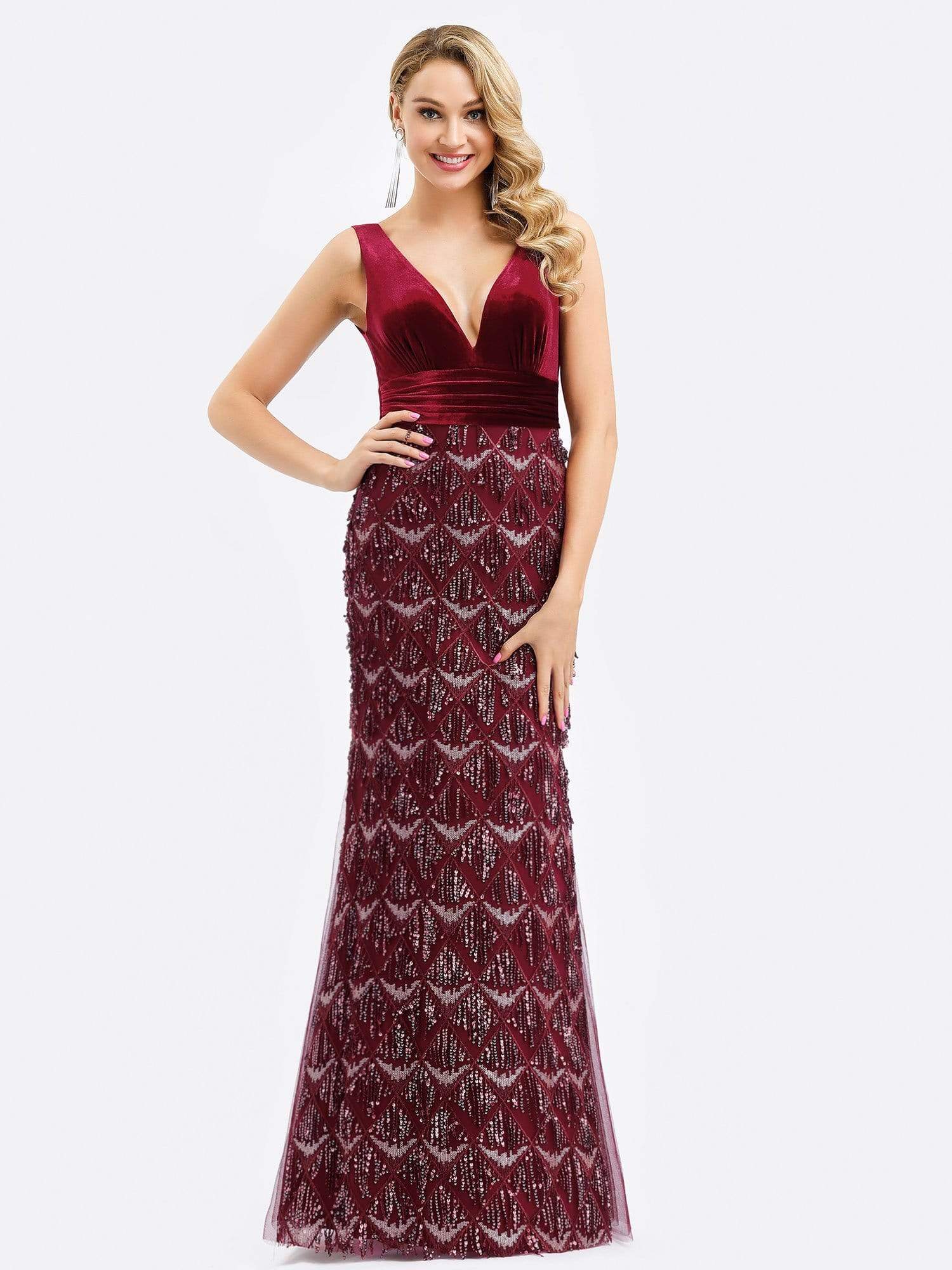 Color=Burgundy | Double V Neck Fringed Beaded Fishtail Evening Dress-Burgundy 4 Color=Burgundy | Double V Neck Fringed Beaded Fishtail Evening Dress-Burgundy 4