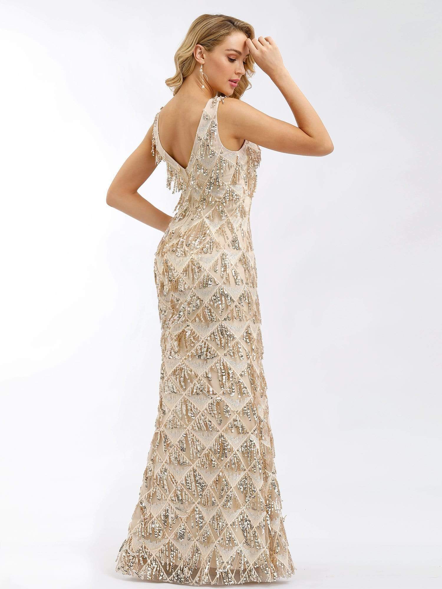 Color=Rose Gold | Women'S Double V-Neck Beaded Sequins Evening Dress-Rose Gold 5 Color=Rose Gold | Women'S Double V-Neck Beaded Sequins Evening Dress-Rose Gold 5