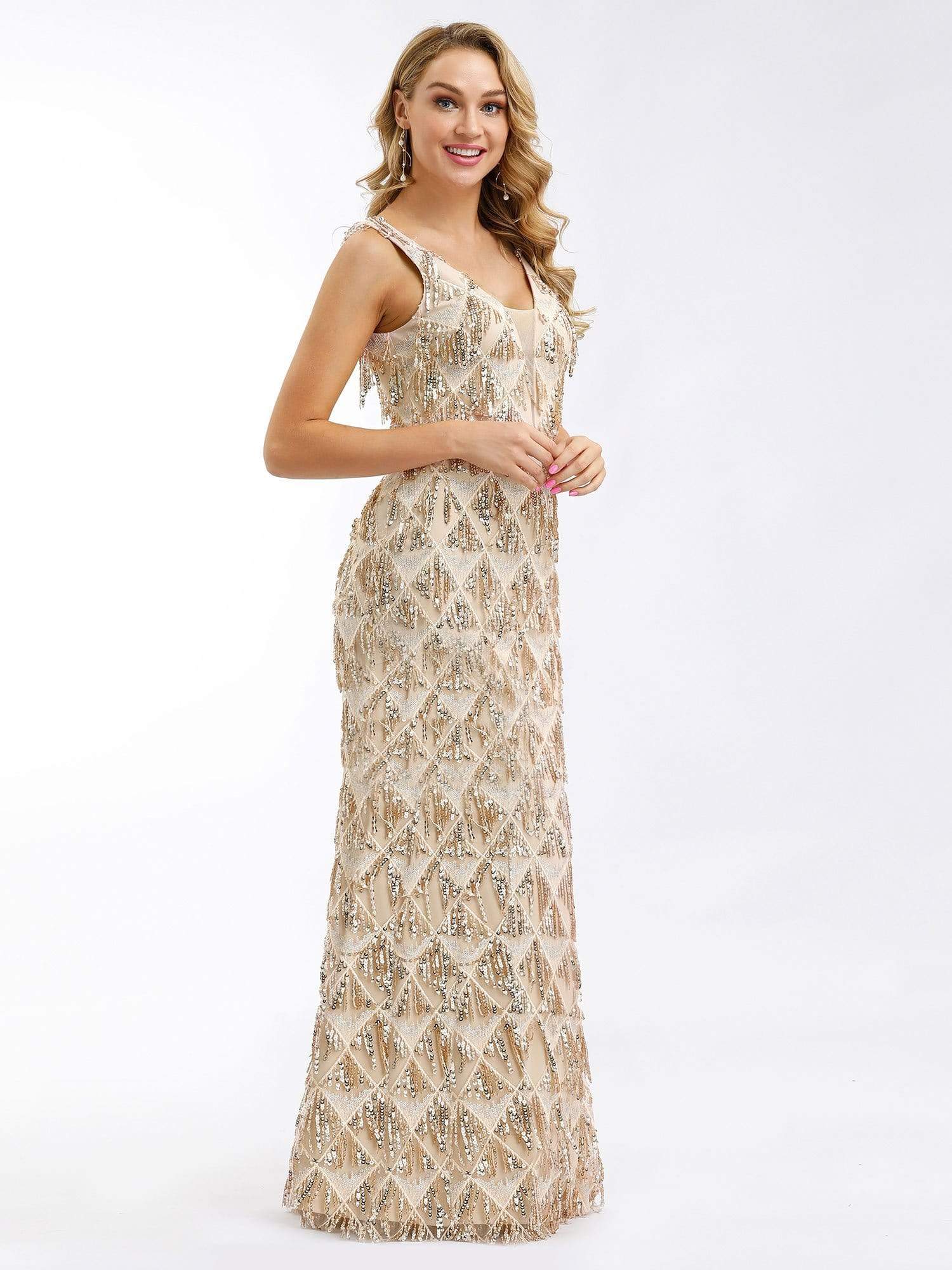 Color=Rose Gold | Women'S Double V-Neck Beaded Sequins Evening Dress-Rose Gold 2 Color=Rose Gold | Women'S Double V-Neck Beaded Sequins Evening Dress-Rose Gold 2