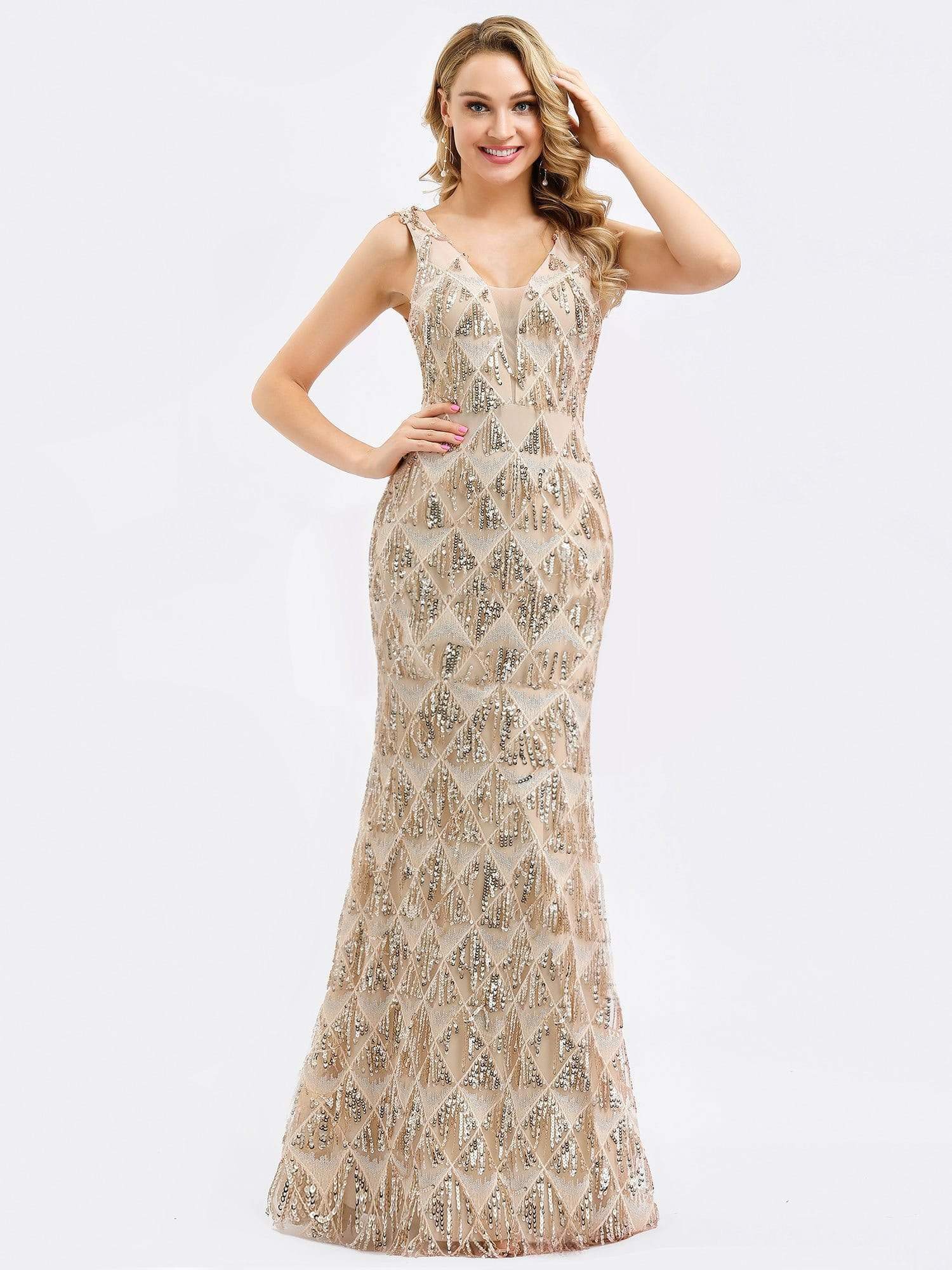 Color=Rose Gold | Women'S Double V-Neck Beaded Sequins Evening Dress-Rose Gold 1 Color=Rose Gold | Women'S Double V-Neck Beaded Sequins Evening Dress-Rose Gold 1