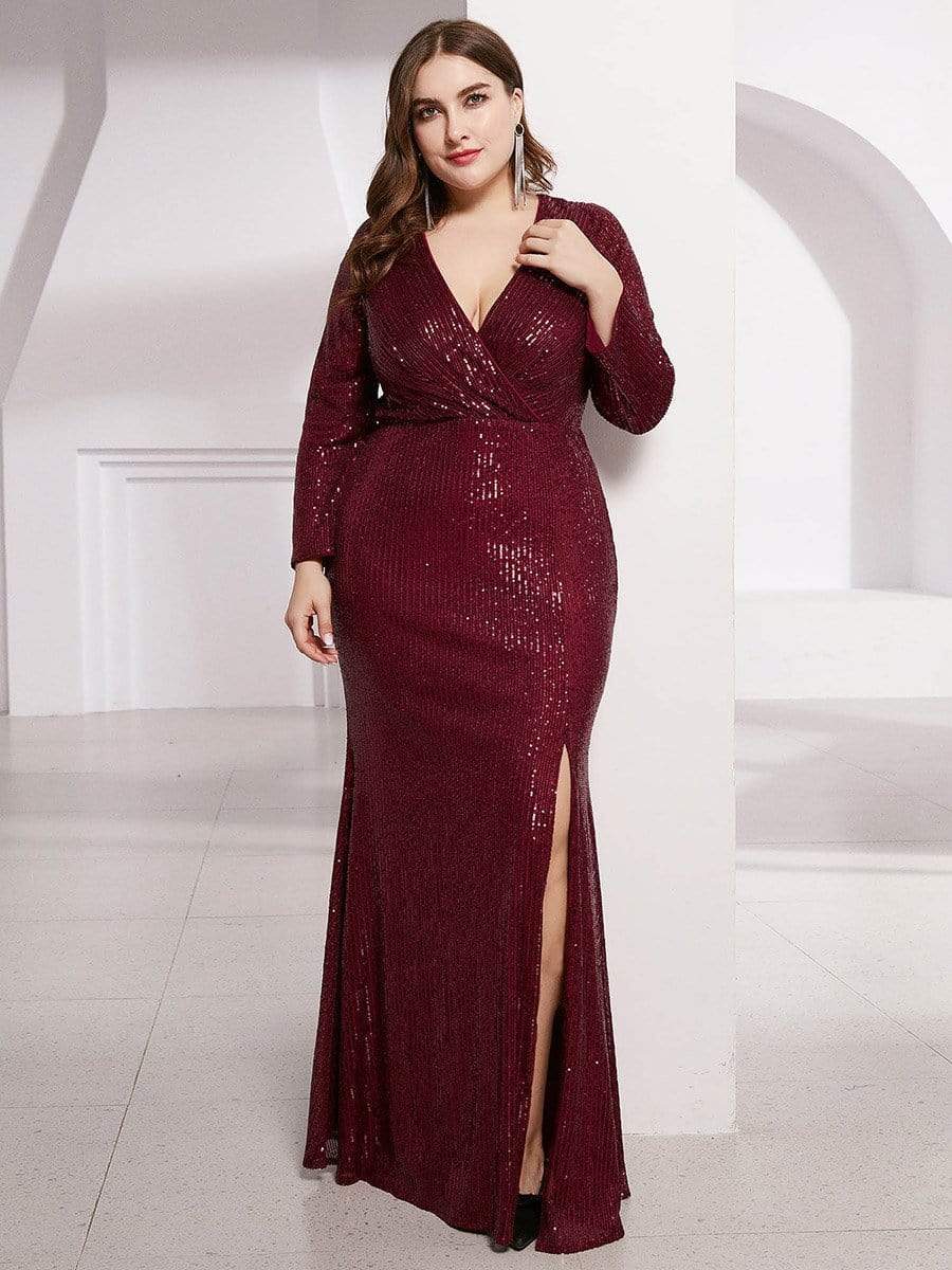 Color=Burgundy | Shiny V Neck Long Sleeve Sequin Evening Party Dress-Burgundy 8 Color=Burgundy | Shiny V Neck Long Sleeve Sequin Evening Party Dress-Burgundy 8