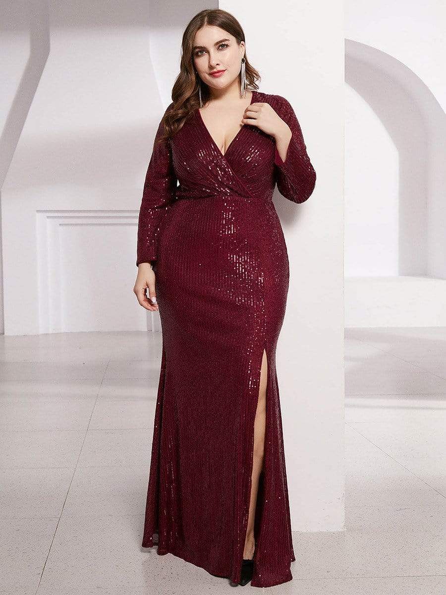 Color=Burgundy | Shiny V Neck Long Sleeve Sequin Evening Party Dress-Burgundy 8