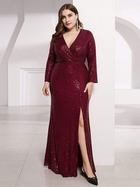 Color=Burgundy | Shiny V Neck Long Sleeve Sequin Evening Party Dress-Burgundy 4