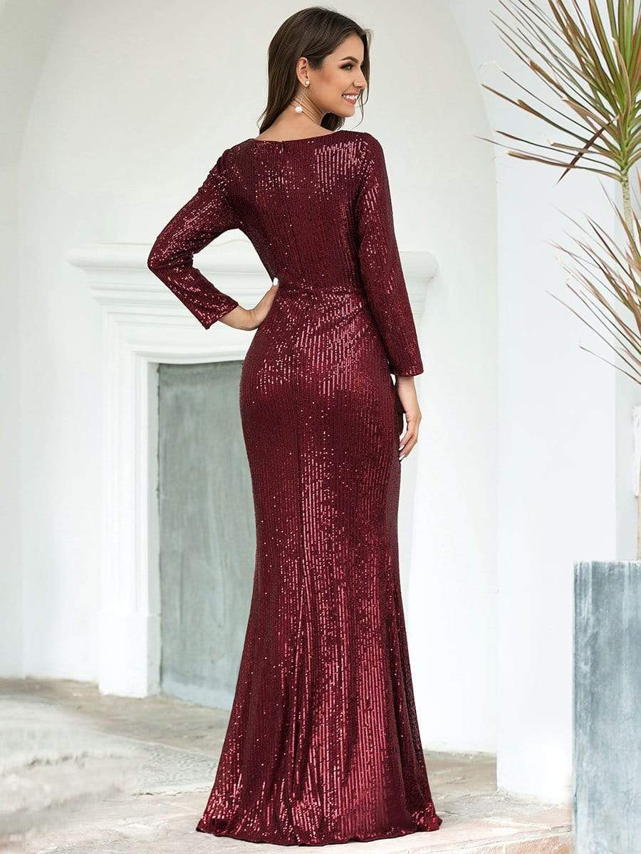 Color=Burgundy | Shiny V Neck Long Sleeve Sequin Evening Party Dress-Burgundy 2 Color=Burgundy | Shiny V Neck Long Sleeve Sequin Evening Party Dress-Burgundy 2