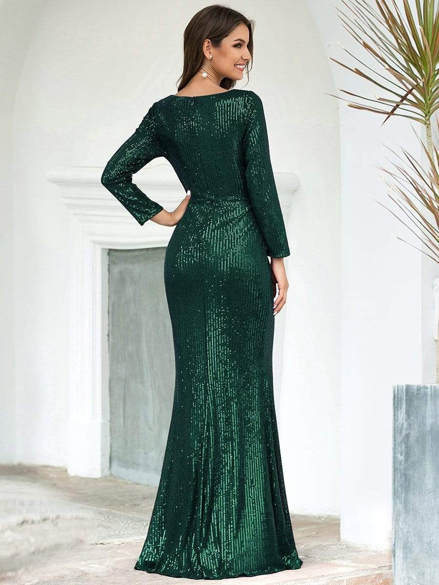 Color=Dark Green | Shiny V Neck Long Sleeve Sequin Evening Party Dress-Dark Green 2 Color=Dark Green | Shiny V Neck Long Sleeve Sequin Evening Party Dress-Dark Green 2