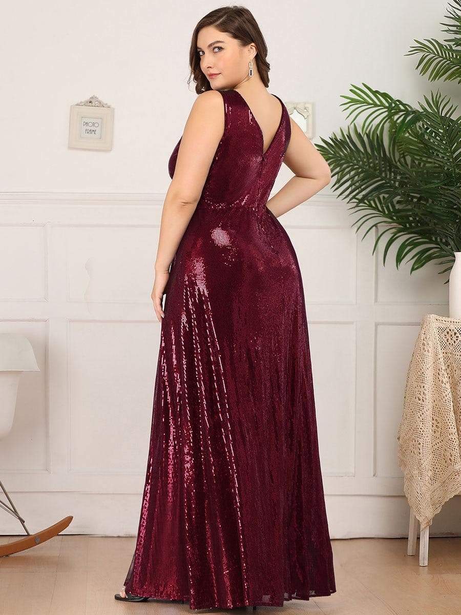 Color=Burgundy | Plus Size Gorgeous Double V Neck Sleeveless Sequin Dress-Burgundy 2 Color=Burgundy | Plus Size Gorgeous Double V Neck Sleeveless Sequin Dress-Burgundy 2