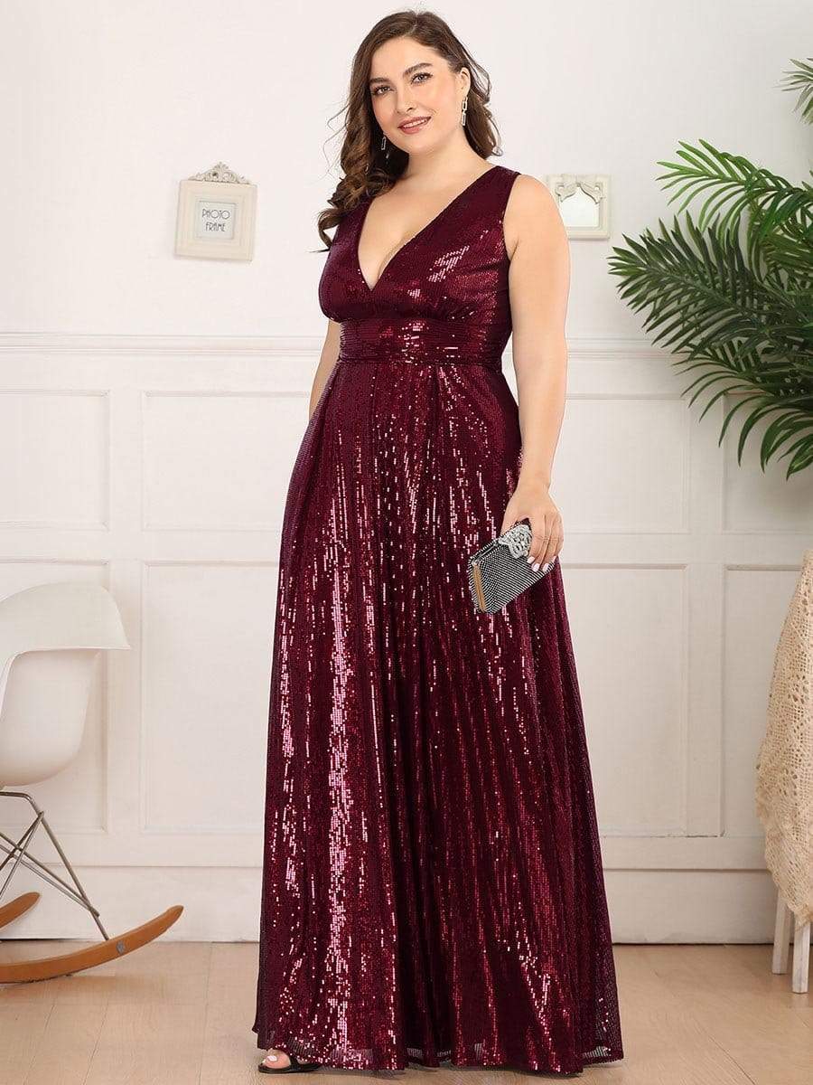 Color=Burgundy | Plus Size Gorgeous Double V Neck Sleeveless Sequin Dress-Burgundy 3 Color=Burgundy | Plus Size Gorgeous Double V Neck Sleeveless Sequin Dress-Burgundy 3