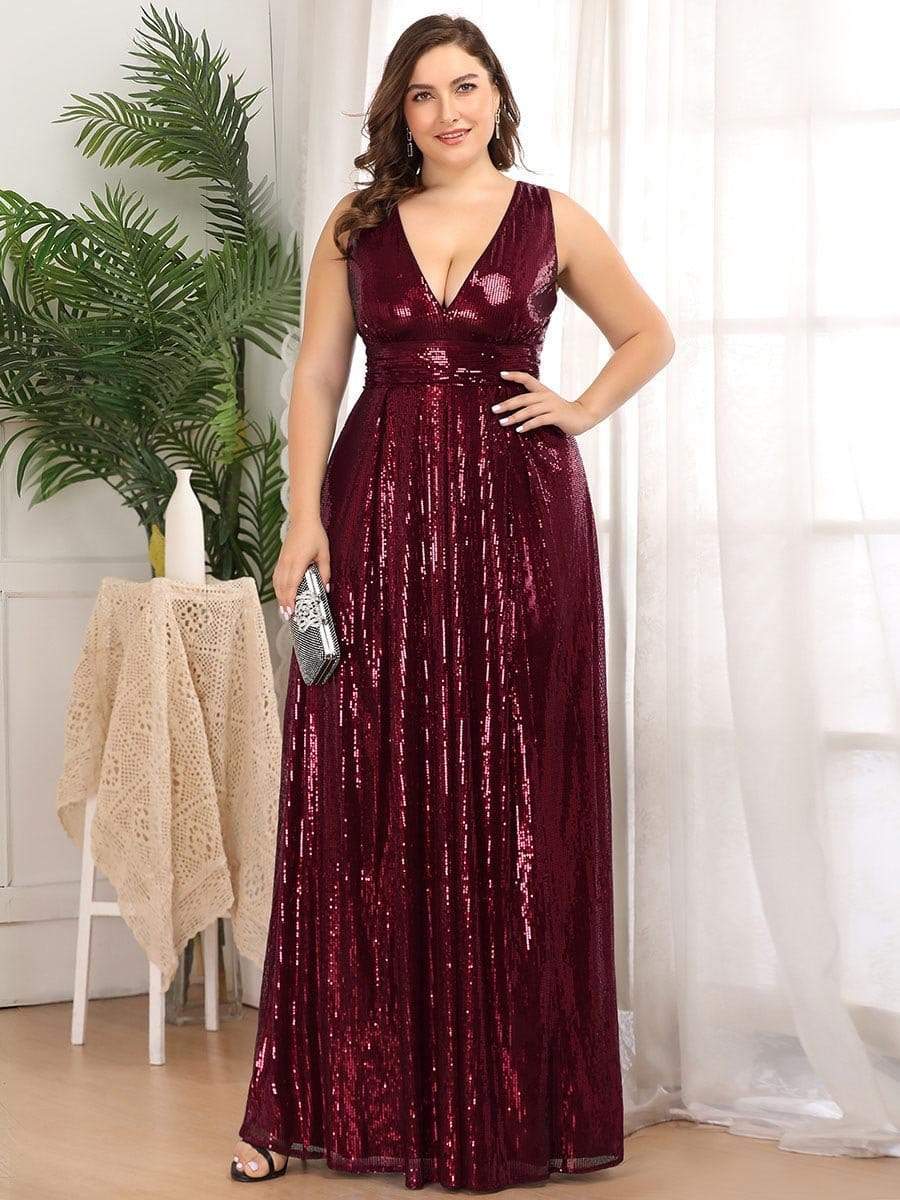 Color=Burgundy | Plus Size Gorgeous Double V Neck Sleeveless Sequin Dress-Burgundy 1 Color=Burgundy | Plus Size Gorgeous Double V Neck Sleeveless Sequin Dress-Burgundy 1