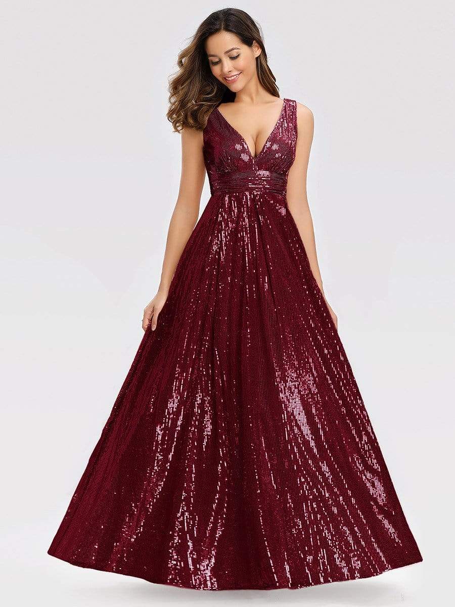 Color=Burgundy | Gorgeous Double V Neck Sleeveless Sequin Dress-Burgundy 3 Color=Burgundy | Gorgeous Double V Neck Sleeveless Sequin Dress-Burgundy 3
