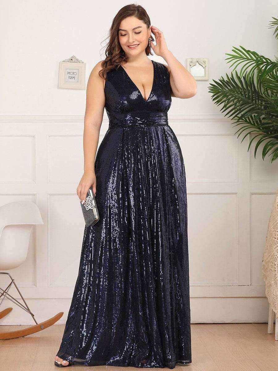 Color=Navy Blue | Gorgeous Double V Neck Sleeveless Sequin Dress-Navy Blue 9 Color=Navy Blue | Gorgeous Double V Neck Sleeveless Sequin Dress-Navy Blue 9