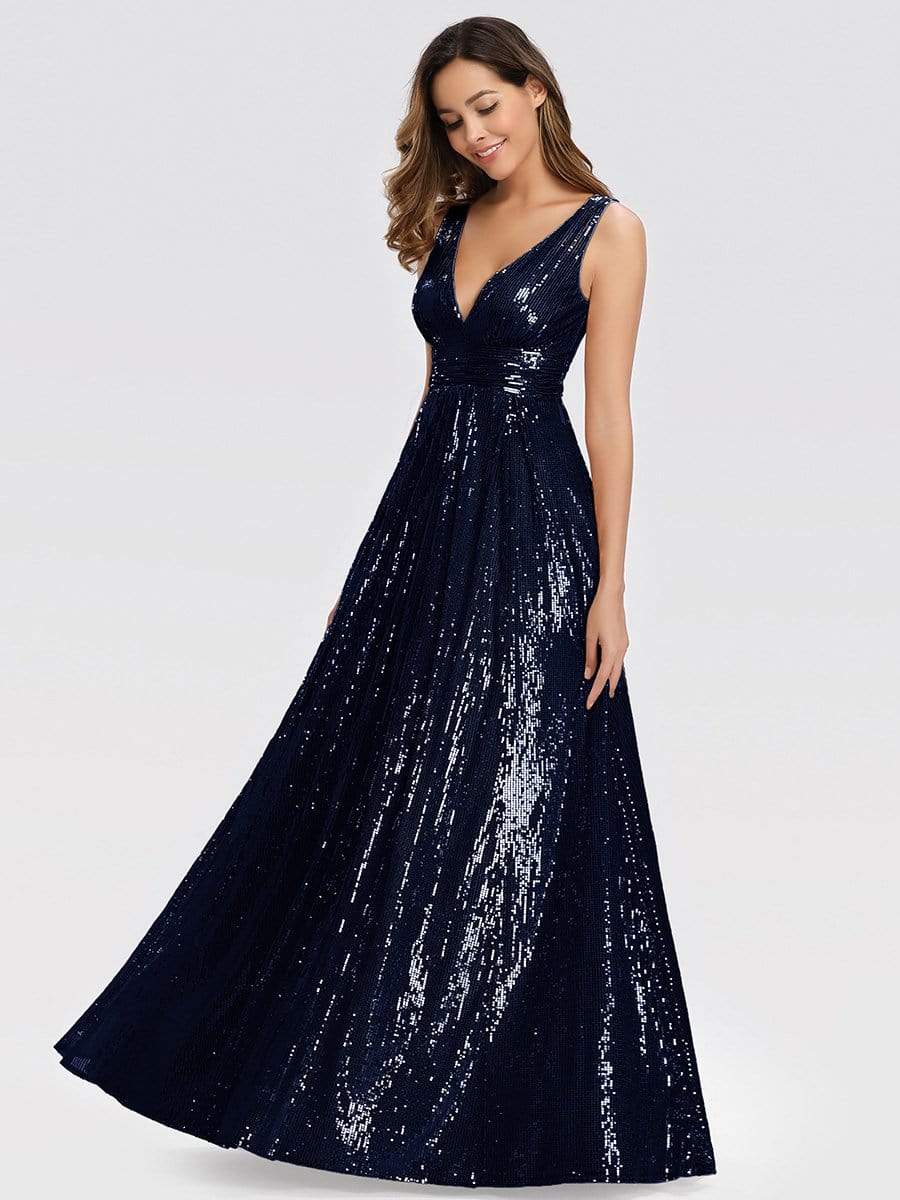 Color=Navy Blue | Gorgeous Double V Neck Sleeveless Sequin Dress-Navy Blue 4 Color=Navy Blue | Gorgeous Double V Neck Sleeveless Sequin Dress-Navy Blue 4