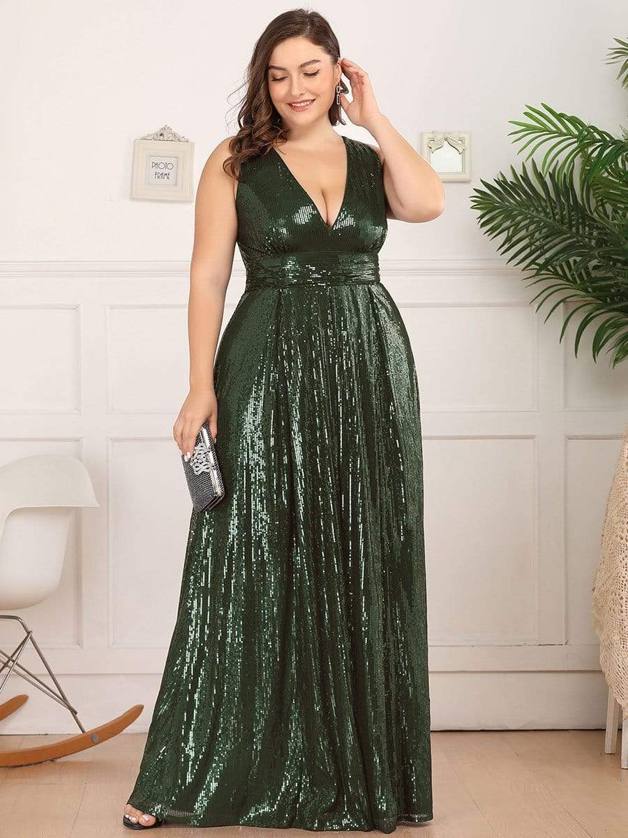 Color=Olive Green | Gorgeous Double V Neck Sleeveless Sequin Dress-Olive Green 9 Color=Olive Green | Gorgeous Double V Neck Sleeveless Sequin Dress-Olive Green 9