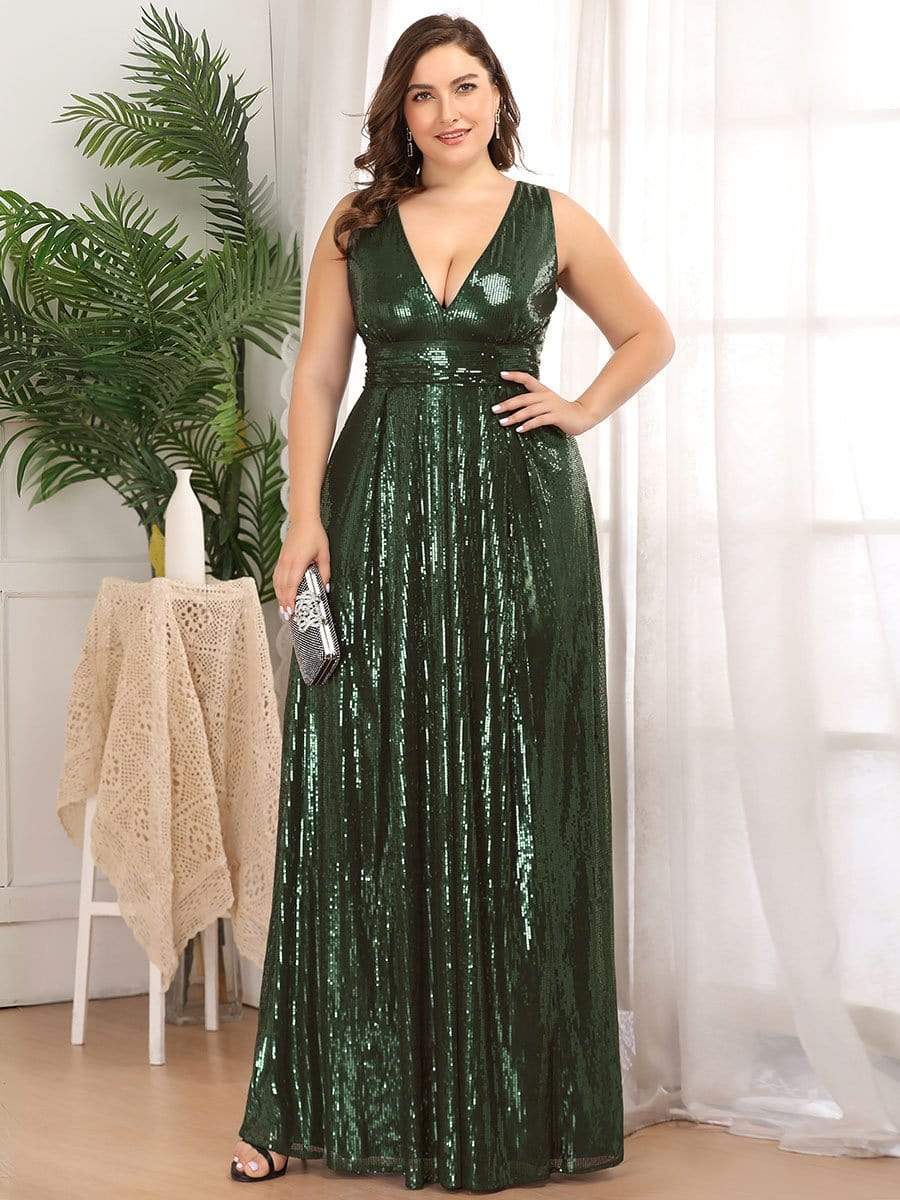 Color=Olive Green | Gorgeous Double V Neck Sleeveless Sequin Dress-Olive Green 1 Color=Olive Green | Gorgeous Double V Neck Sleeveless Sequin Dress-Olive Green 1