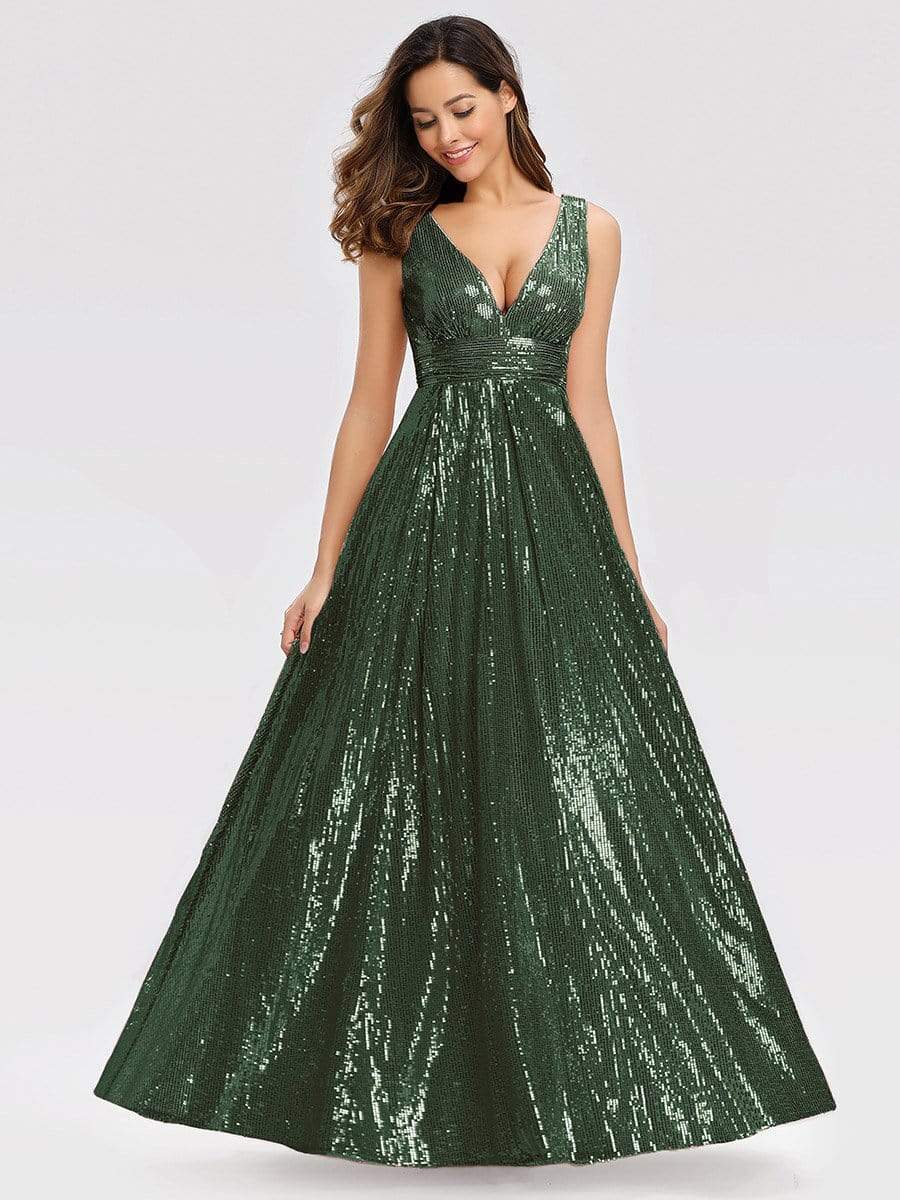 Color=Olive Green | Gorgeous Double V Neck Sleeveless Sequin Dress-Olive Green 3 Color=Olive Green | Gorgeous Double V Neck Sleeveless Sequin Dress-Olive Green 3