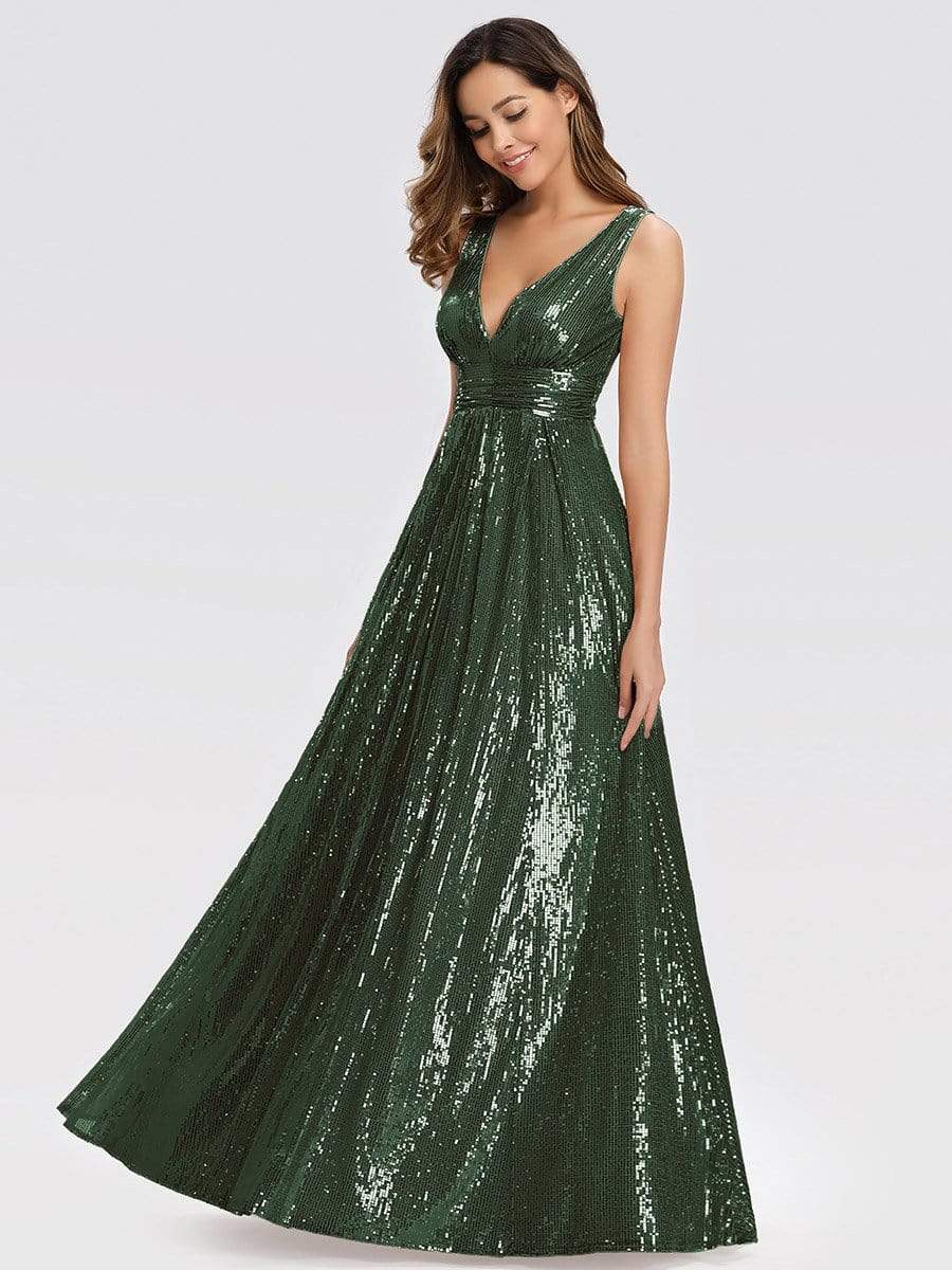 Color=Olive Green | Gorgeous Double V Neck Sleeveless Sequin Dress-Olive Green 4 Color=Olive Green | Gorgeous Double V Neck Sleeveless Sequin Dress-Olive Green 4