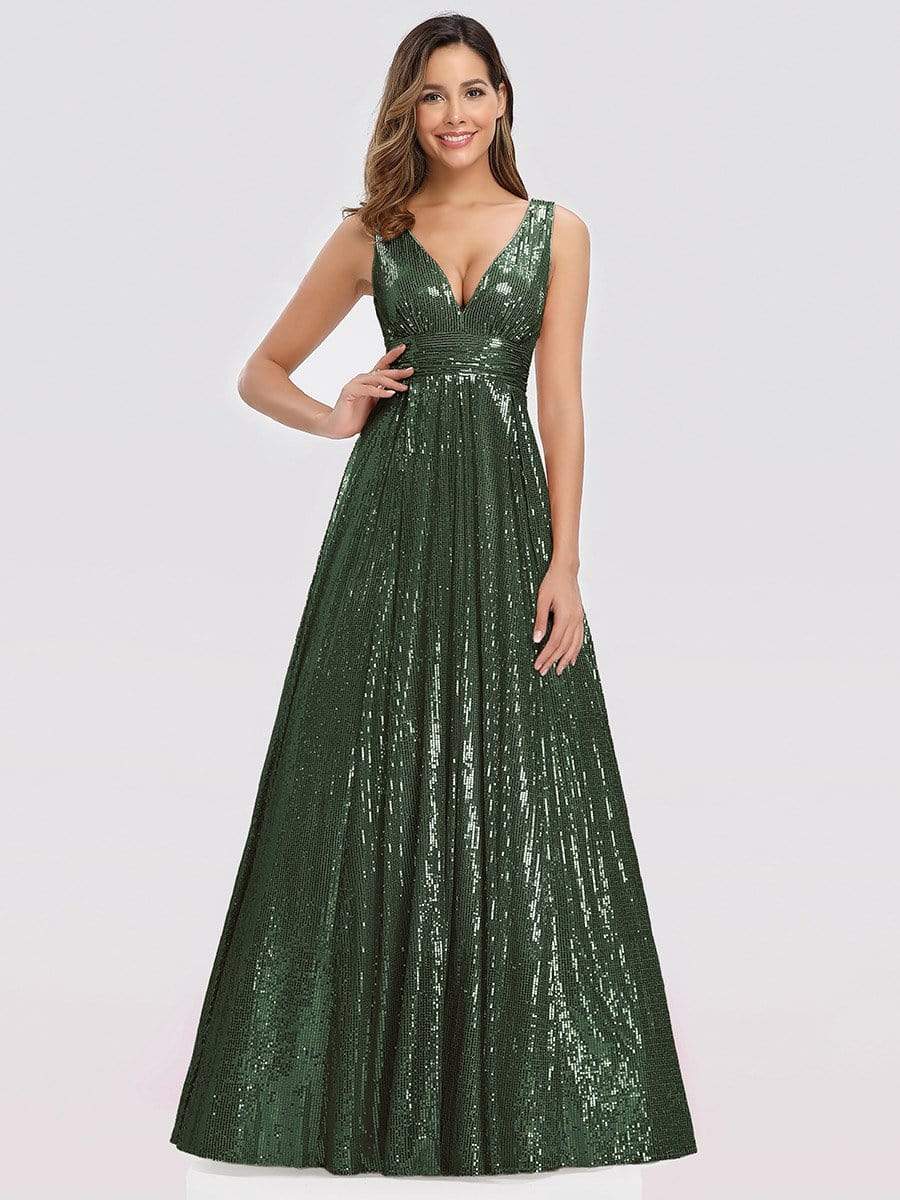 Color=Olive Green | Gorgeous Double V Neck Sleeveless Sequin Dress-Olive Green 1 Color=Olive Green | Gorgeous Double V Neck Sleeveless Sequin Dress-Olive Green 1