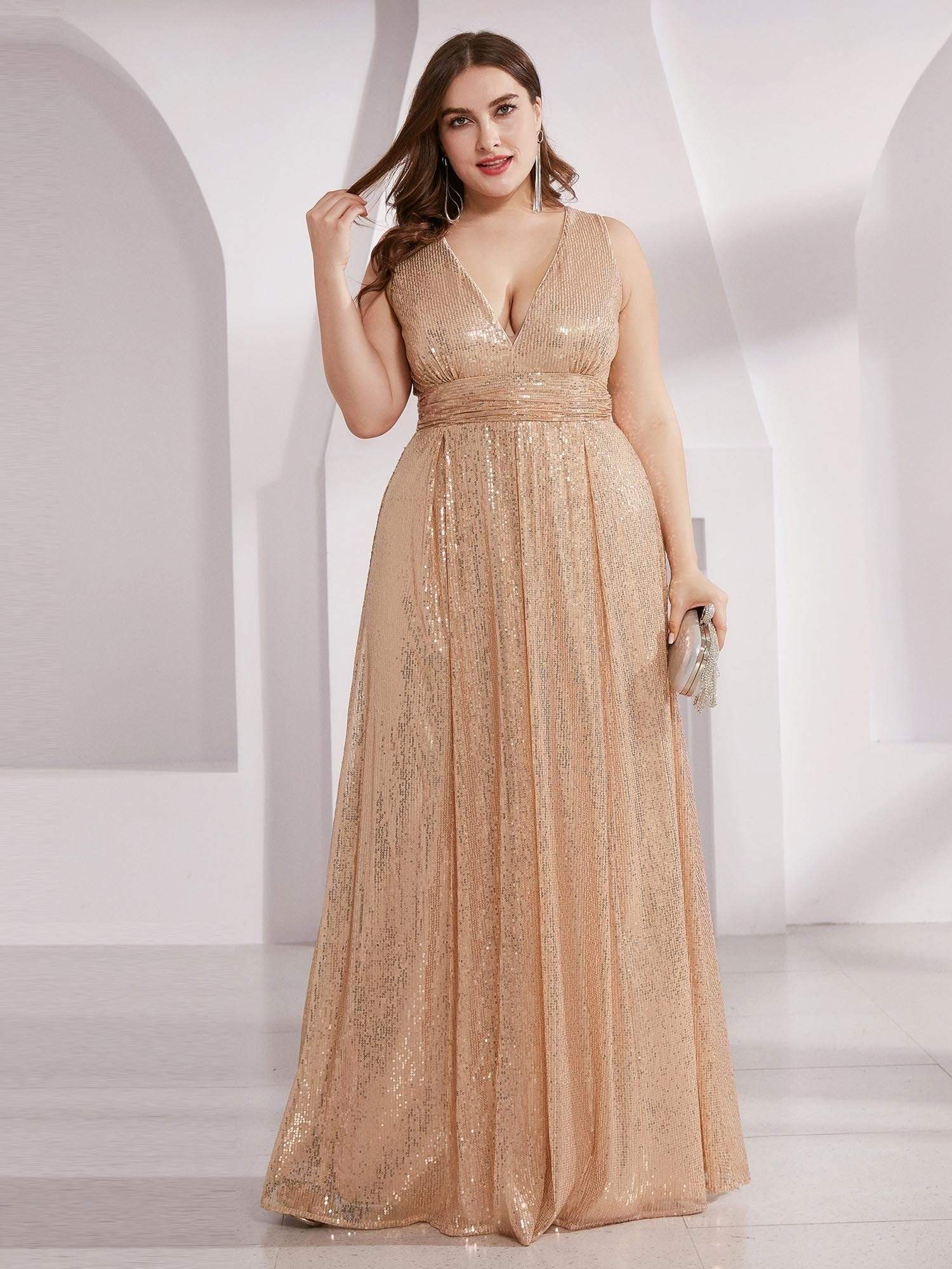 Color=Rose Gold | Plus Size Gorgeous Double V Neck Sleeveless Sequin Dress-Rose Gold 3 Color=Rose Gold | Plus Size Gorgeous Double V Neck Sleeveless Sequin Dress-Rose Gold 3