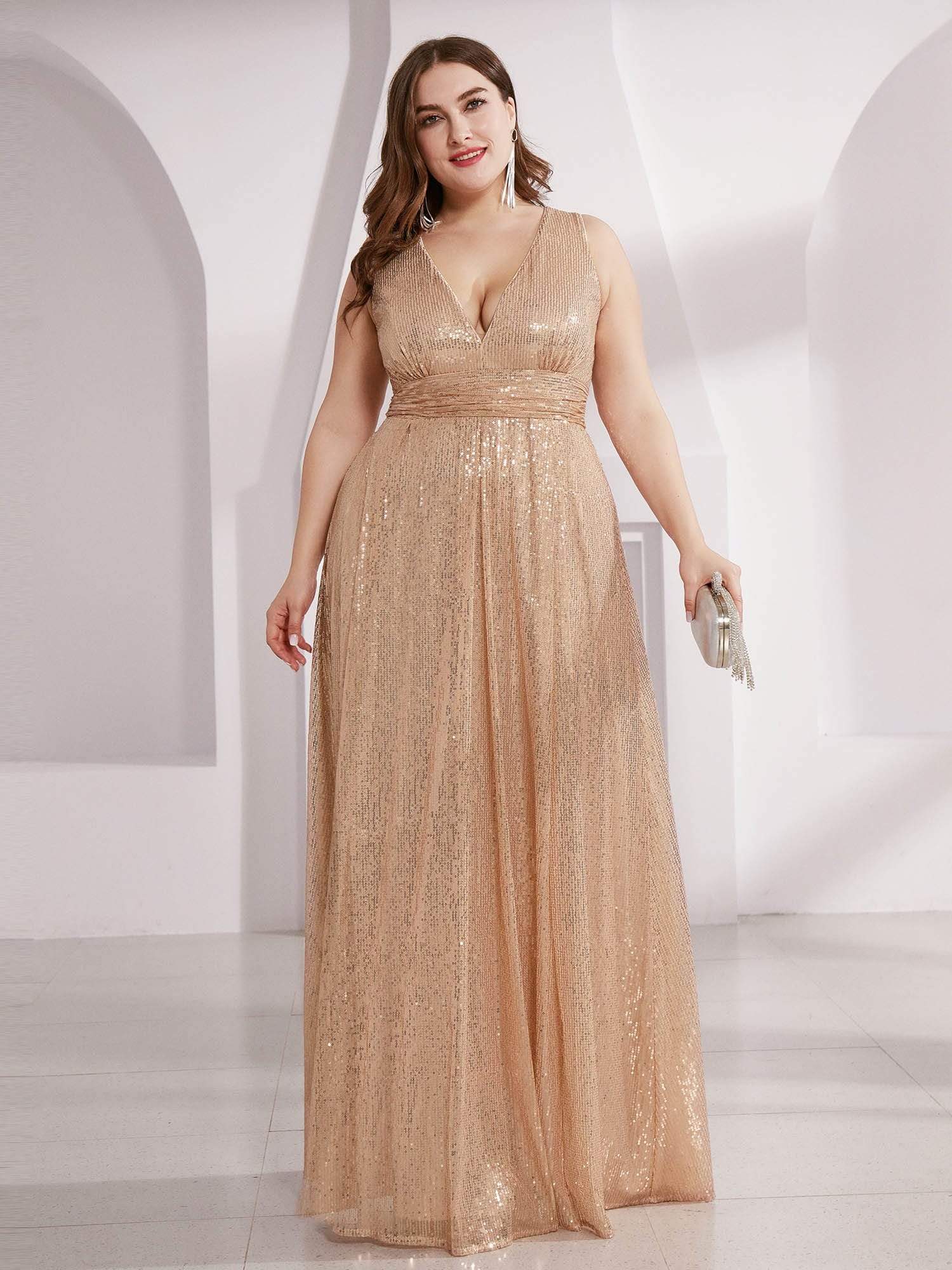 Color=Rose Gold | Plus Size Gorgeous Double V Neck Sleeveless Sequin Dress-Rose Gold 1 Color=Rose Gold | Plus Size Gorgeous Double V Neck Sleeveless Sequin Dress-Rose Gold 1