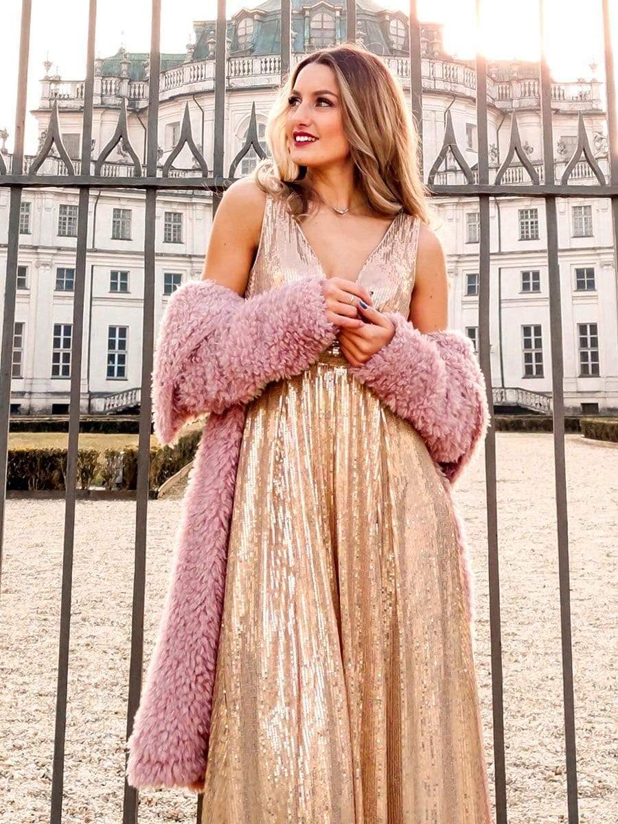Color=Rose Gold | Gorgeous Double V Neck Sleeveless Sequin Dress-Rose Gold 1 Color=Rose Gold | Gorgeous Double V Neck Sleeveless Sequin Dress-Rose Gold 1