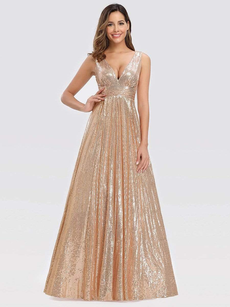 Color=Rose Gold | Gorgeous Double V Neck Sleeveless Sequin Dress-Rose Gold 3 Color=Rose Gold | Gorgeous Double V Neck Sleeveless Sequin Dress-Rose Gold 3