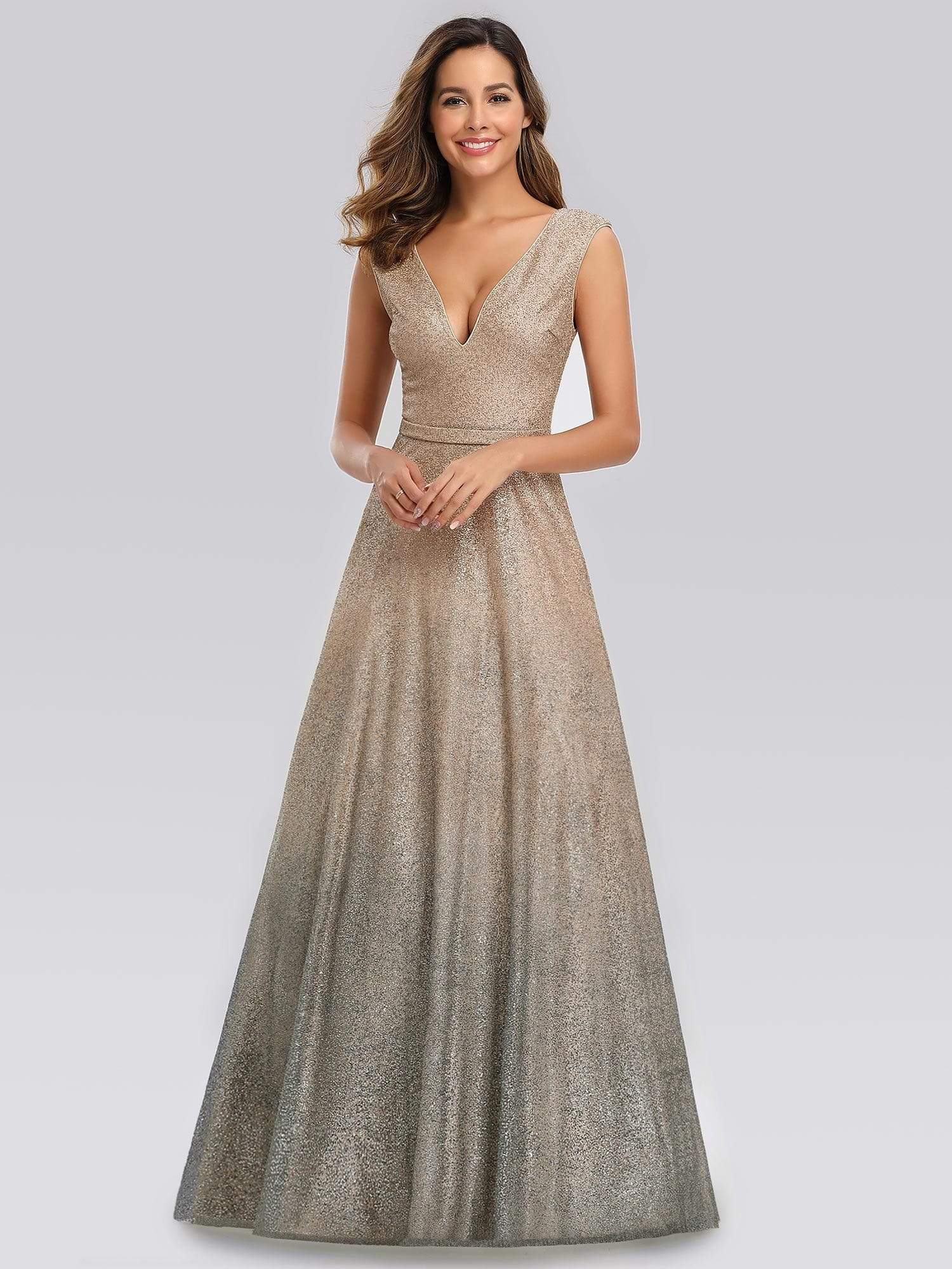 Color=Blush | Gradient V Neck Floor Length Evening Dress-Blush 2 Color=Blush | Gradient V Neck Floor Length Evening Dress-Blush 2