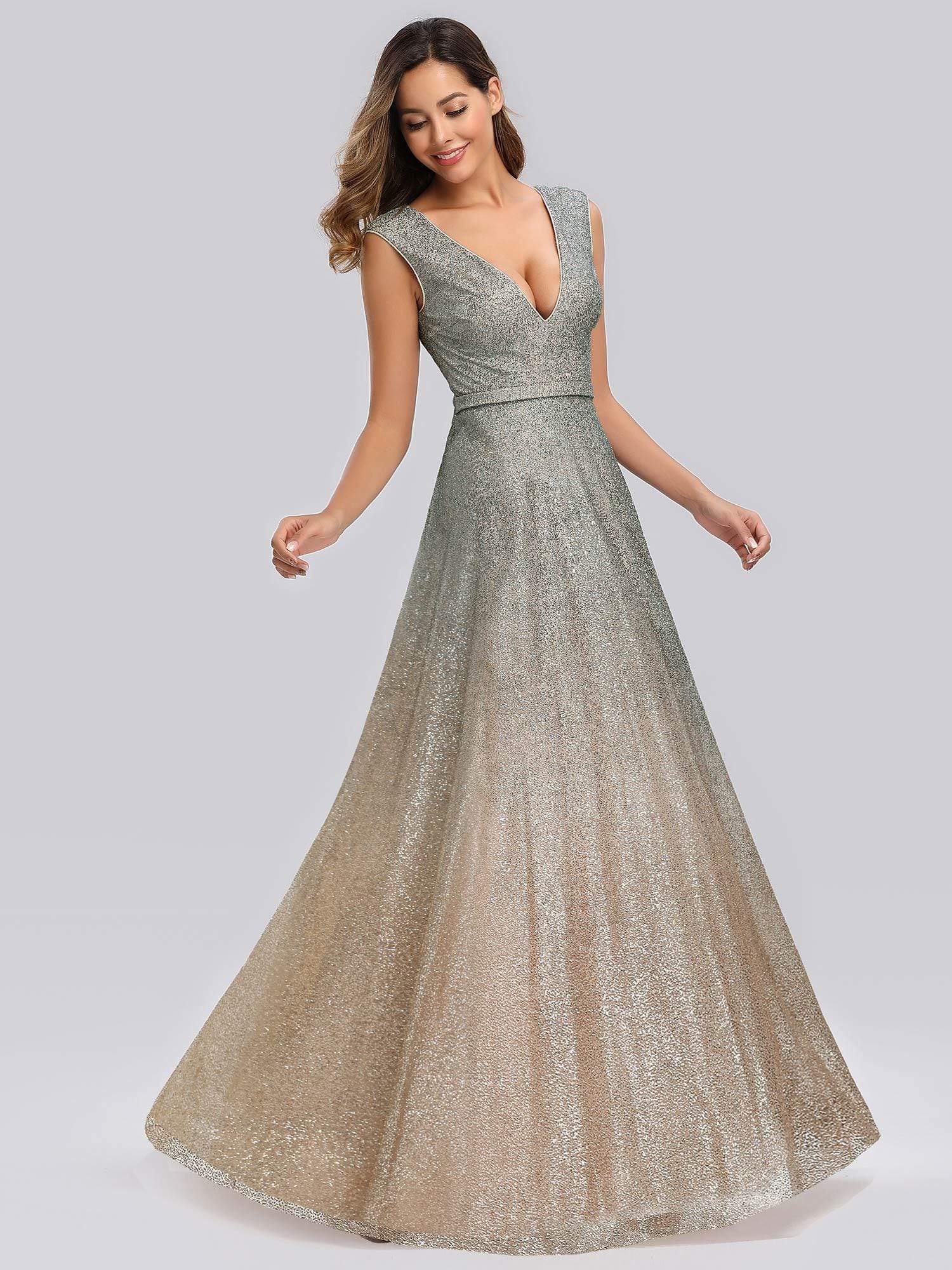 Color=Grey | Gradient V Neck Floor Length Evening Dress-Grey 1 Color=Grey | Gradient V Neck Floor Length Evening Dress-Grey 1