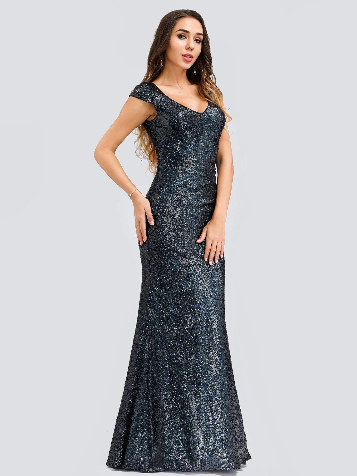 Color=Navy Blue | Elegant V Neck Floor Length Sequin Party Dress-Navy Blue 3 Color=Navy Blue | Elegant V Neck Floor Length Sequin Party Dress-Navy Blue 3