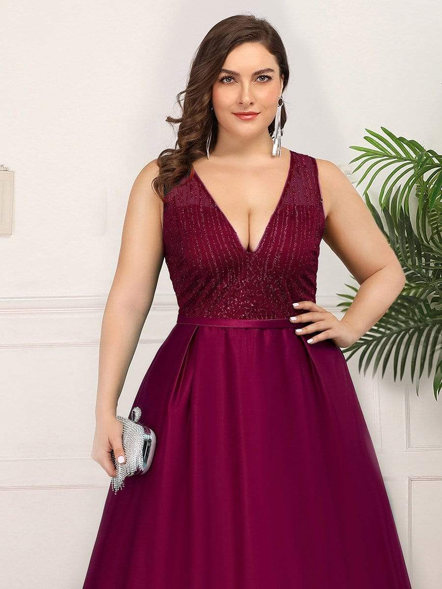 Color=Burgundy | Deep V Neck Floor Length Plus Size Sparkly Evening Gown Dresses-Burgundy 5 Color=Burgundy | Deep V Neck Floor Length Plus Size Sparkly Evening Gown Dresses-Burgundy 5