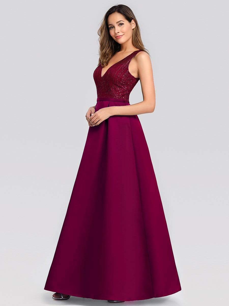 Color=Burgundy | Elegant Deep V Neck Floor Length Evening Dress-Burgundy 3 Color=Burgundy | Elegant Deep V Neck Floor Length Evening Dress-Burgundy 3